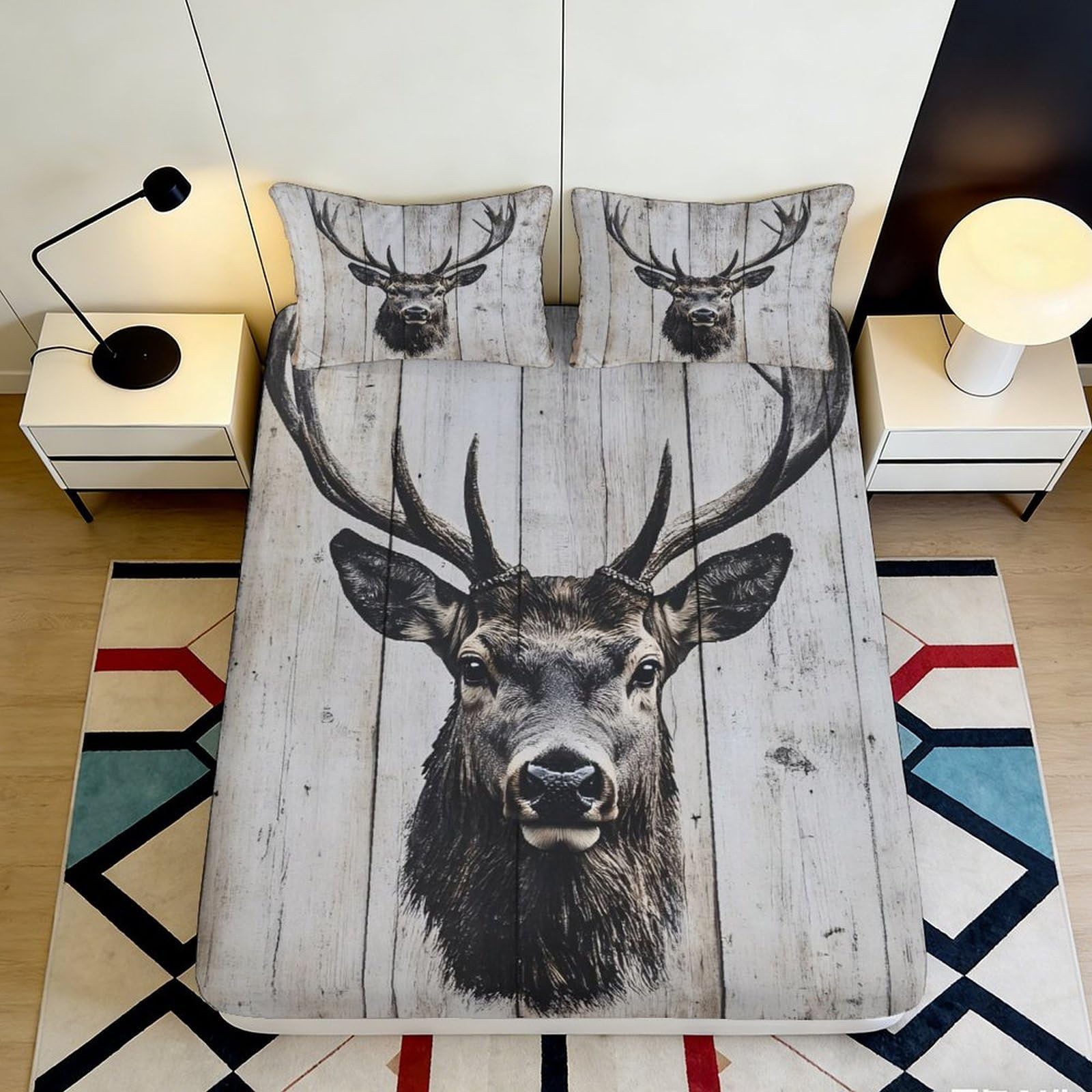 3D Printed Vintage Deer Antlers Fitted Sheet Microfiber Rustic Wood Mattress Cover Non Slip Easy Care for Bedroom Guest Room Decor 90x200x25cm