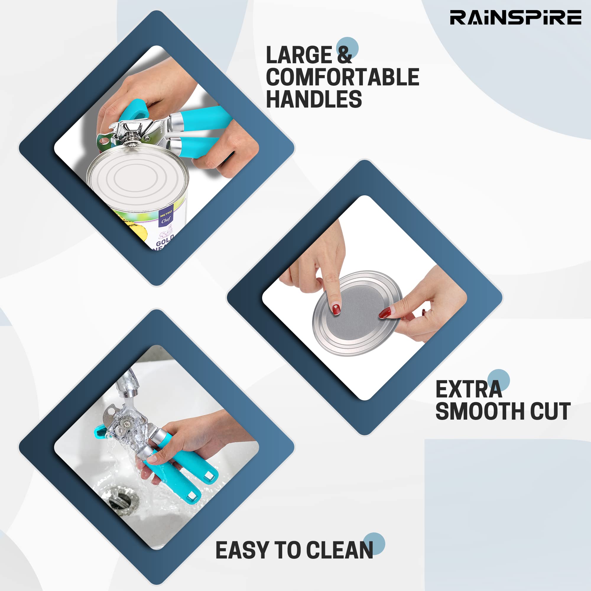 Rainspire Abrelatas manual de mano fuerte abrelatas manual de corte de borde suave, abrelatas resistente, mango suave cómodo, abridor de botellas integrado, negro (azul)