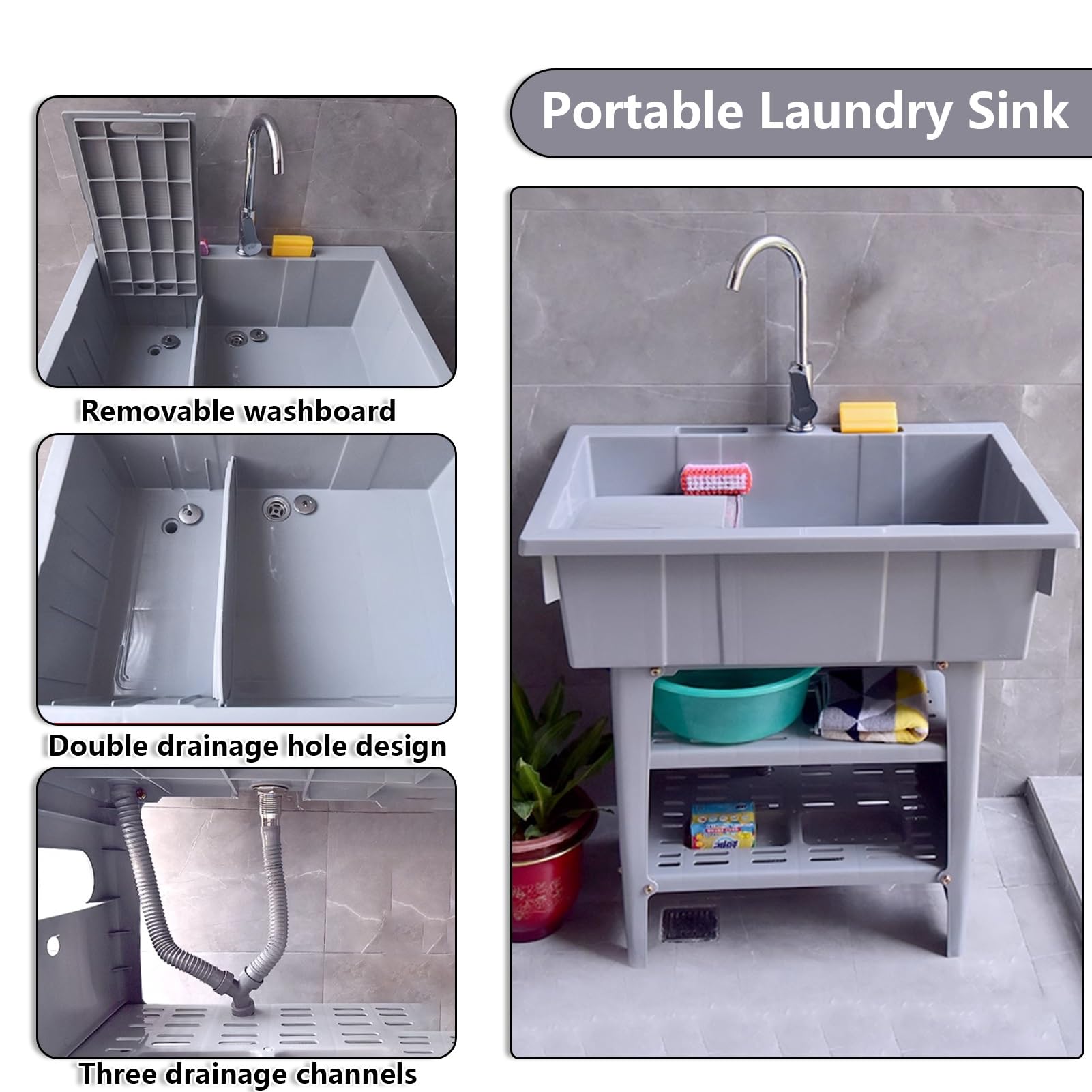 Évier À Linge Autoportant avec Robinet, Évier Utilitaire en Plastique,évier Portable, Evier Exterieur,Robinet d'eau Froide Et Chaude pour Buanderie, Garage, sous-Sol, Jardin.