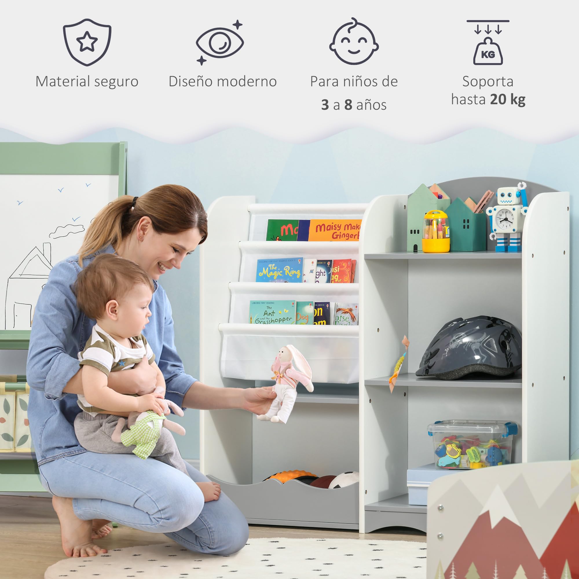 ZONEKIZ Organizador de Juguetes Estantería Infantil 85x26x84 cm Gris