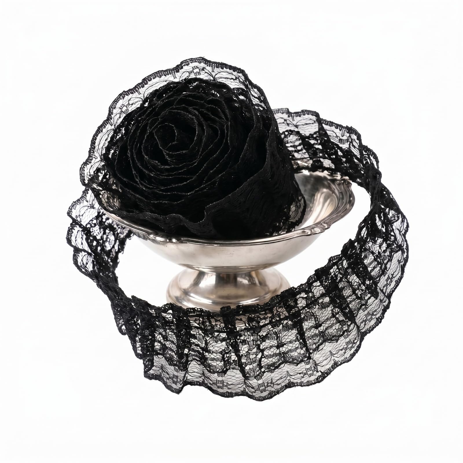 14m/15 Yards Black Lace Trim Ribbon, Pleated Ruffle Lace Fabric for Sewing Crafts, Gothic Dress Edging & Wedding DIY Decoration