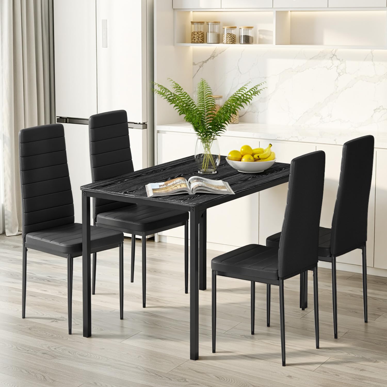 Table À Manger avec 4 Chaises, Ensemble Repas, Table De Cuisine avec Chaises, Similicuir Résistant Et Table Rectangulaire en Bois, pour Cuisine, Salle À Manger, Salon, Noir