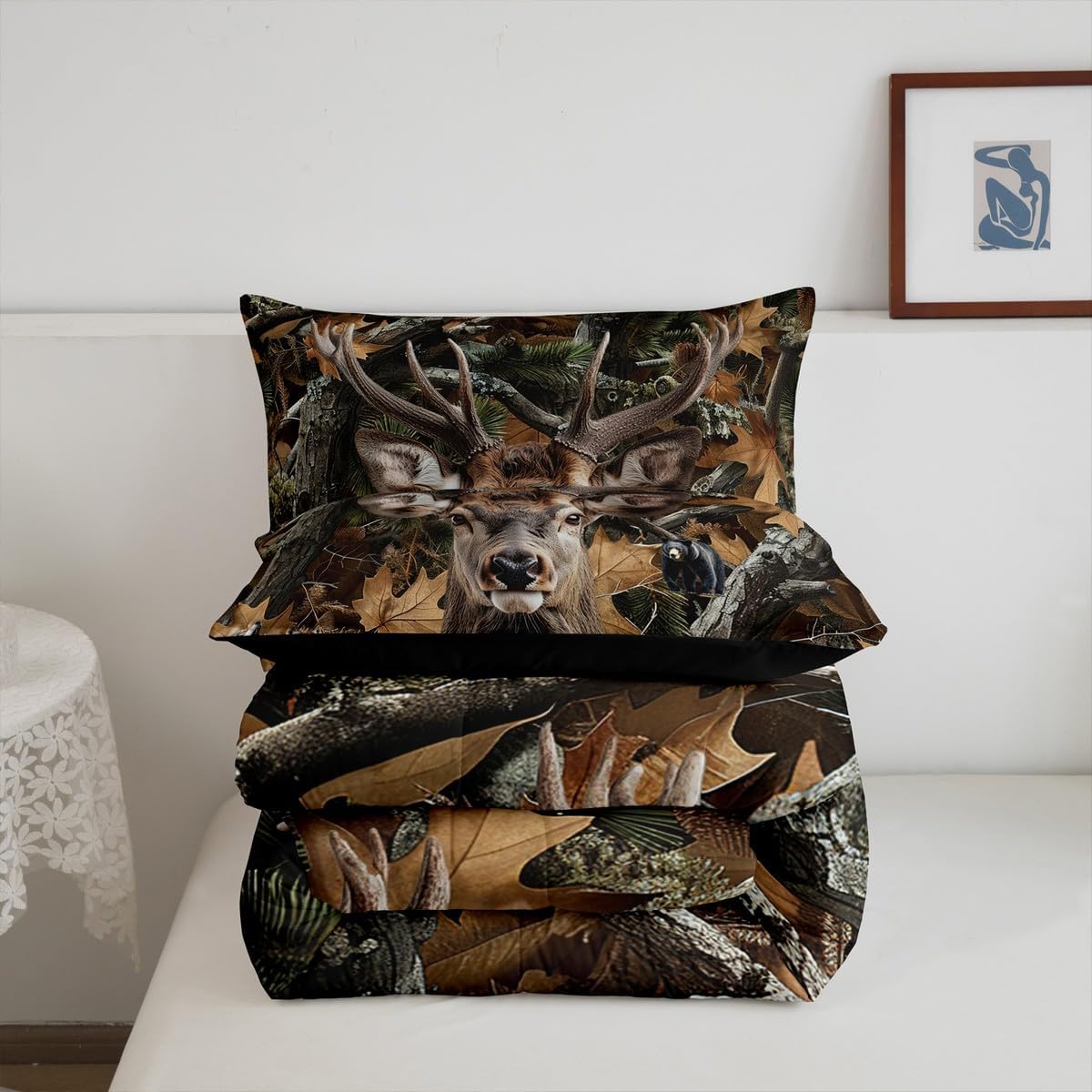 Erosebridal Deer Comforter Set Full Size Hunting Bedding Set for Kids Boys Girls Cabin Farmhouse Woodland Animal Comforter Camo Bedroom Decor Warm Rustic Leaves Antlers Wolf Bear Tree Duvet Quilt
