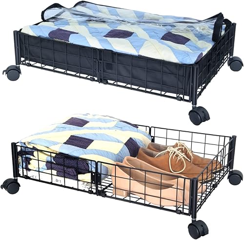 Almacenamiento debajo de la cama con ruedas, carritos rodantes 2 en 1 con bolsas de forro para marco de cama bajo de 6.5 pulgadas, organizador de