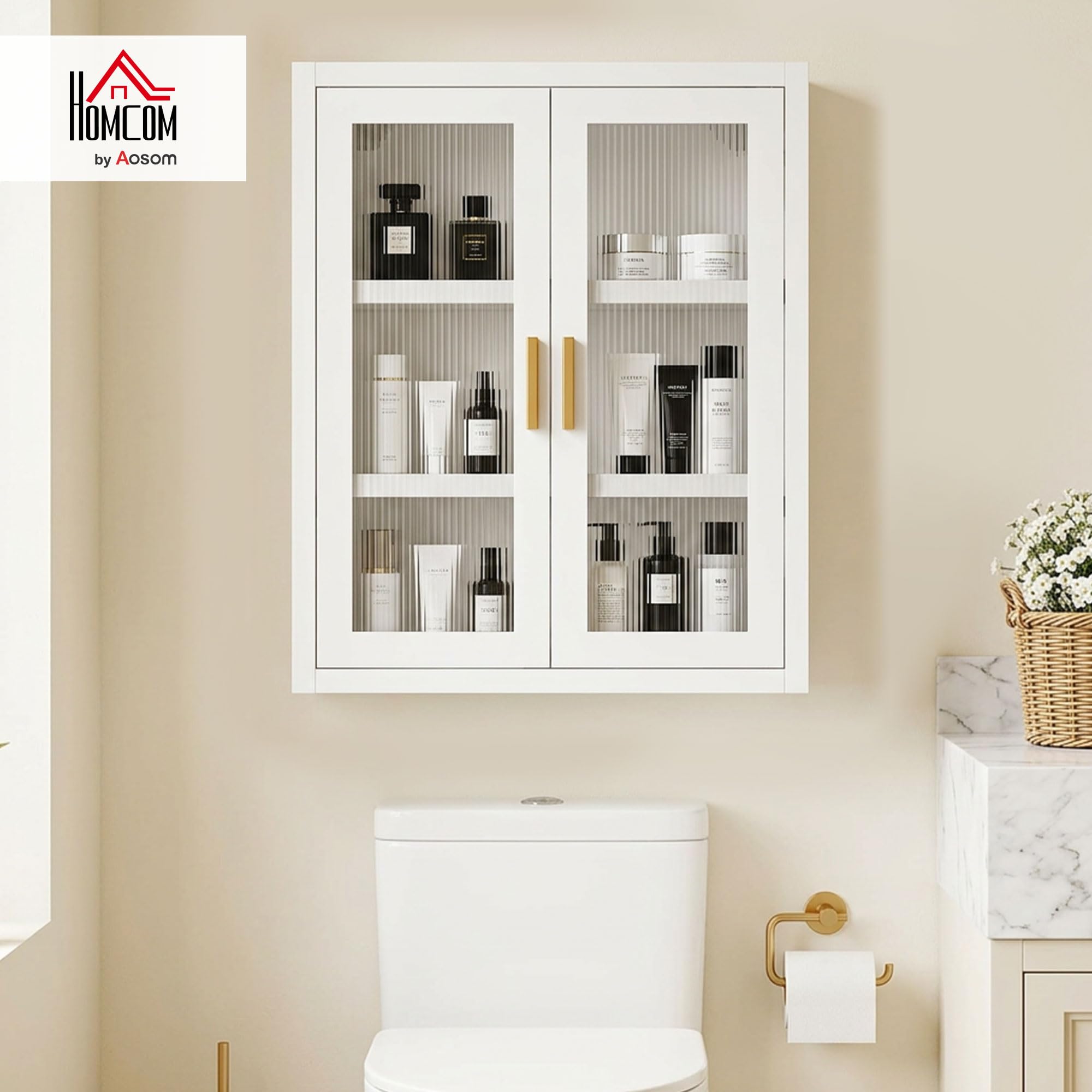 HOMCOM Armoire Murale de Salle de Bain métale, 40 x 14 x 50 cm, Meuble de Rangement Suspendu avec 2 Portes cannelées en Acrylique et étagère réglable, Métal, Blanc