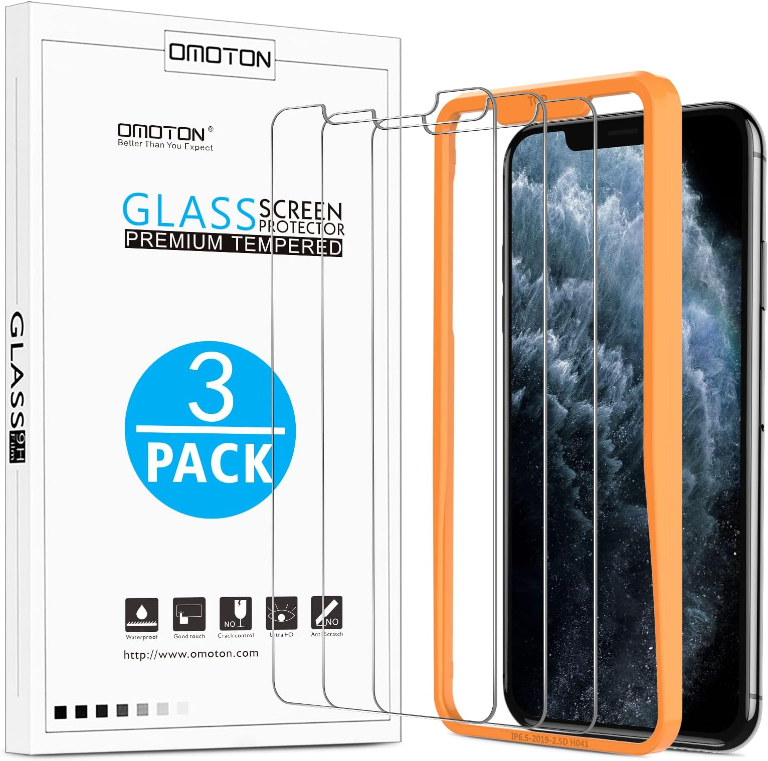 OMOTON [3 Pack] Compatible for iPhone 11 Pro Max/iPhone XS Max Screen Protector,Tempered Glass with Frame [Easy Install Tool] [9H Hardness][Anti-Scratching][Anti-Oil][Anti-Bubbles][2.5D Round Edge]