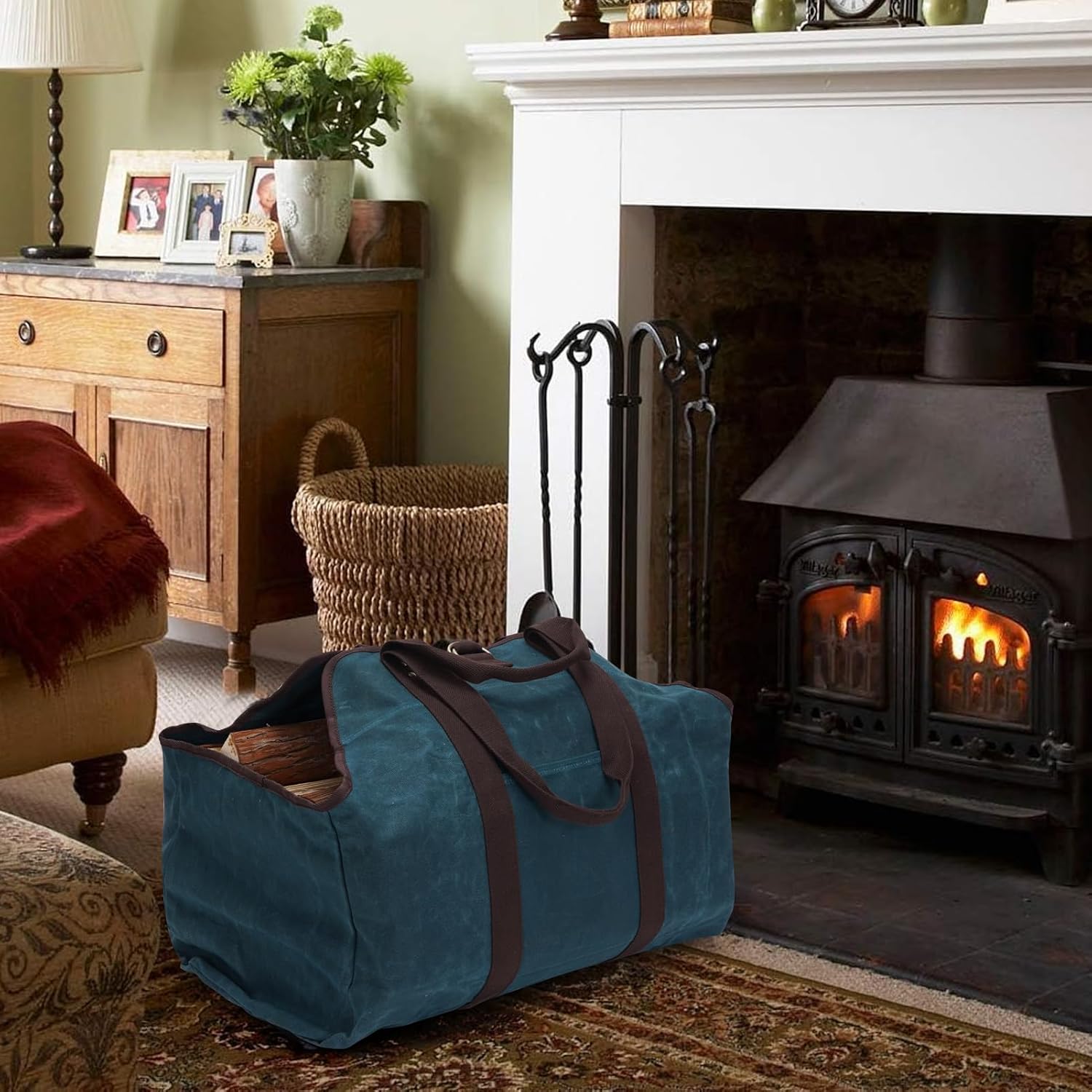 Waxed Canvas Log Carrier Tote Bag, Extra Large Durable Firewood Holder with Handles and Shoulder Strap - DarkBlue - Image 2