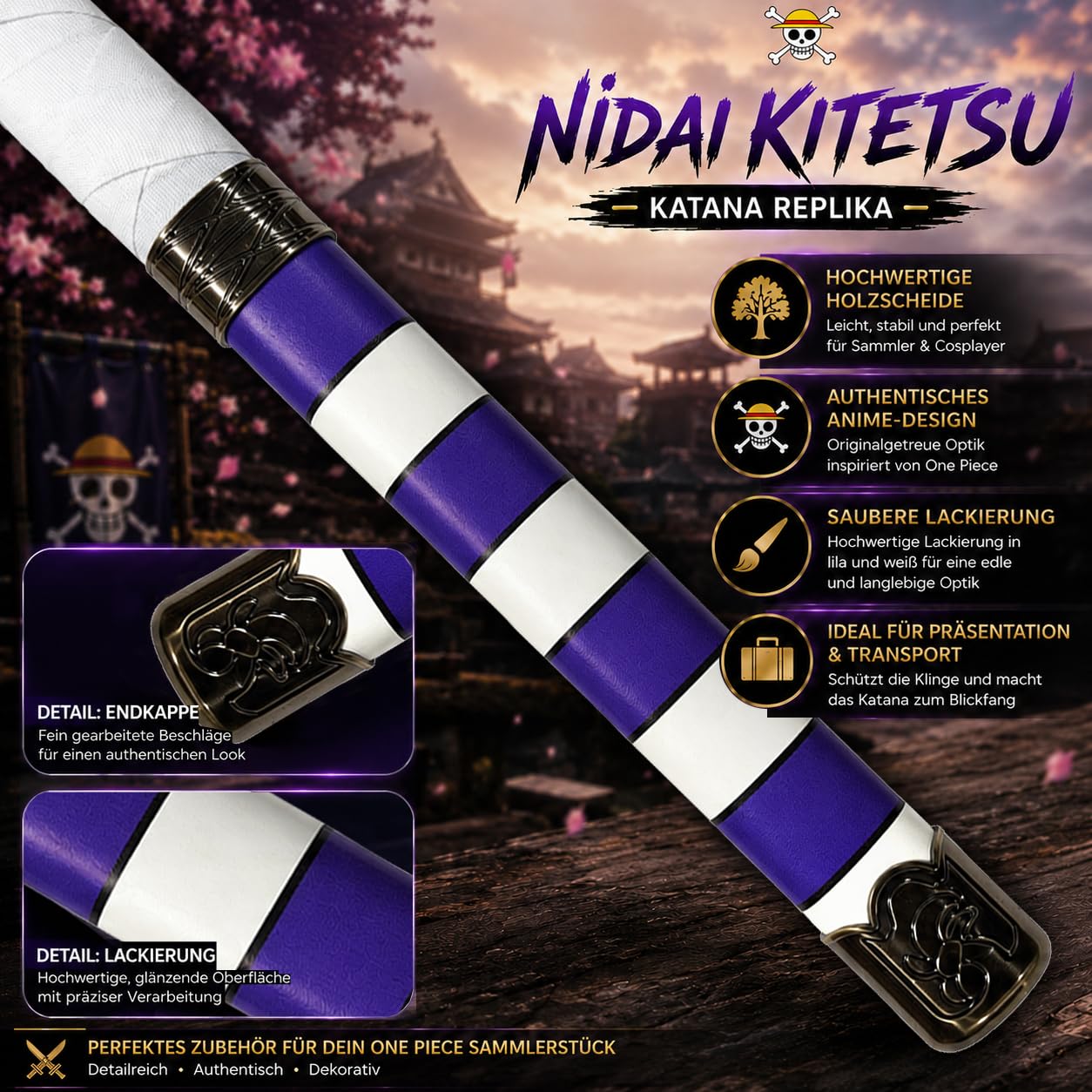 One Piece - Katana aus Holz mit Scheide, Samurai Schwerter, Holzschwert, Zoro Schwert, Bambusklinge, One Piece Katana, Animefans, Anime, Cosplays, Spielzeug für Kinder