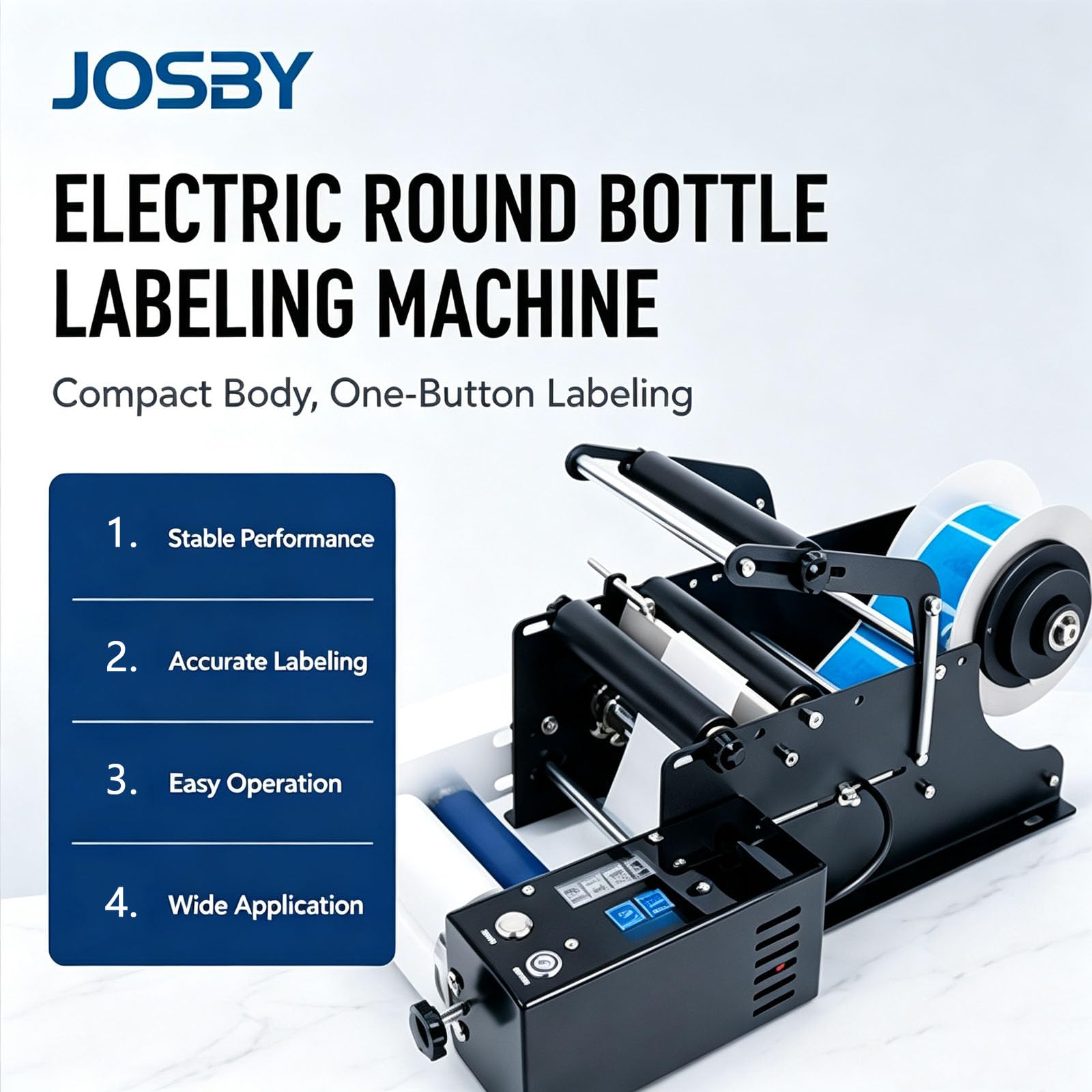 JOSBY Etichettatrice Semiautomatica per Bottiglie Rotonde, con Controllo Digitale, A Pulsante, Ideale per Piccole Fabbriche di Cosmetici, Bevande E Prodotti Farmaceutici