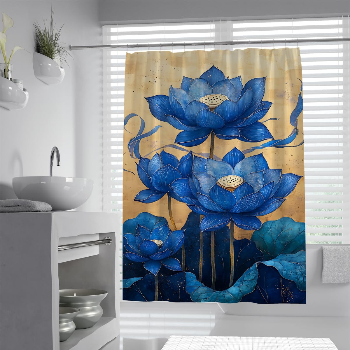 UIRINGART Luxury Blue Lotus Shower Curtain W150xL180cm Dark Royal Navy Water Lily Pattern Water Repellent Bath Curtains Rustproof Grommets Home Hotel Bathroom Decor
