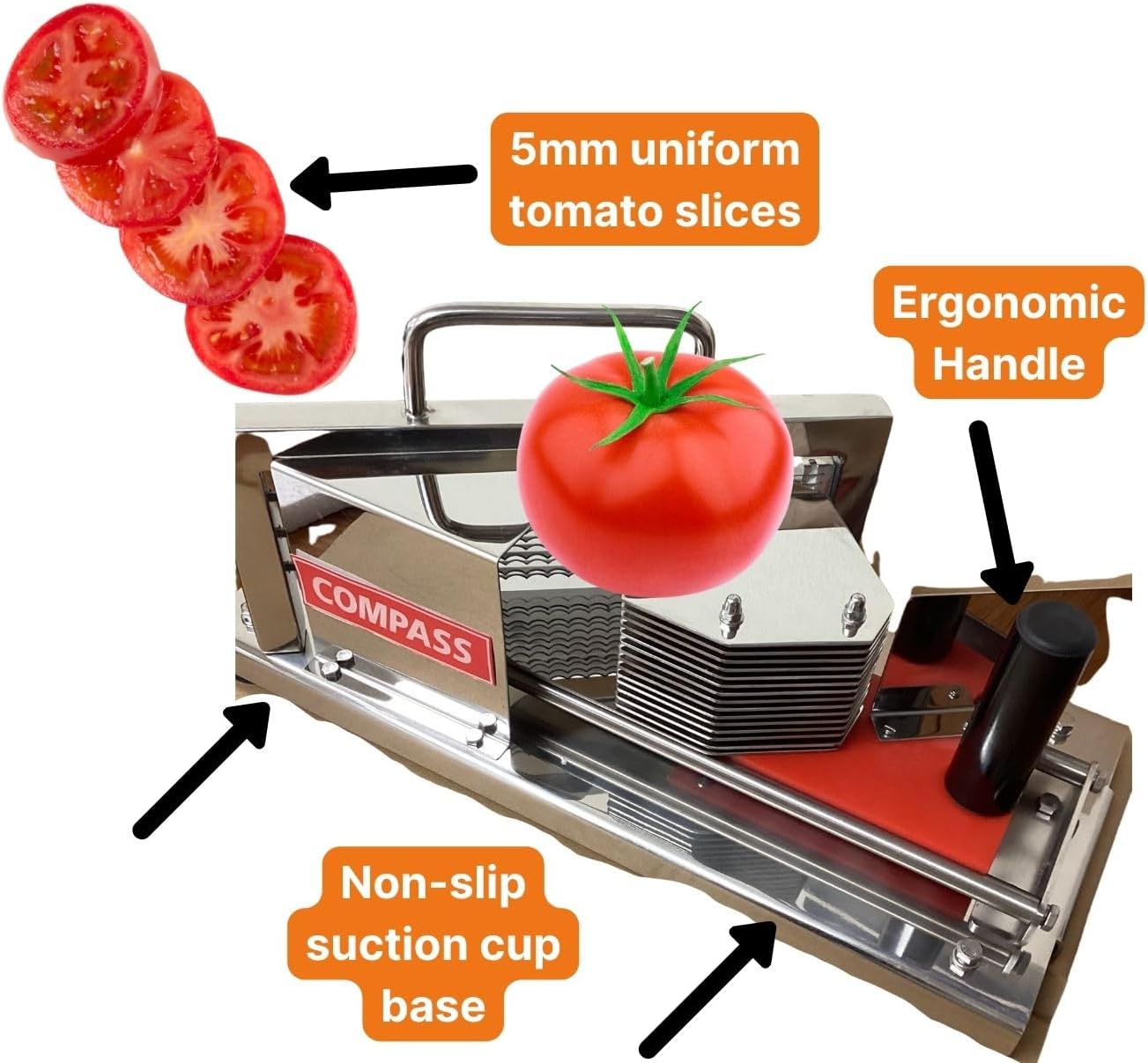5mm Commercial Tomato Slicer with Stainless Steel Blades – Precision Cuts, Easy One-Push Handle, Rust-Resistant, Compact & Lightweight Design