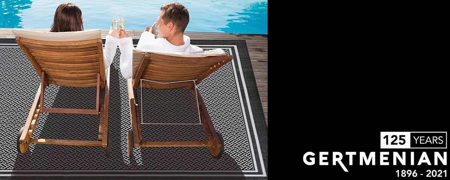 Gertmenian Indoor/Outdoor Flatweave Area Rug - 8x10 Large, Stain & UV Resistant, Ideal For Deck, Patio, Poolside, Mudroom - Simple Border, Black, 21359