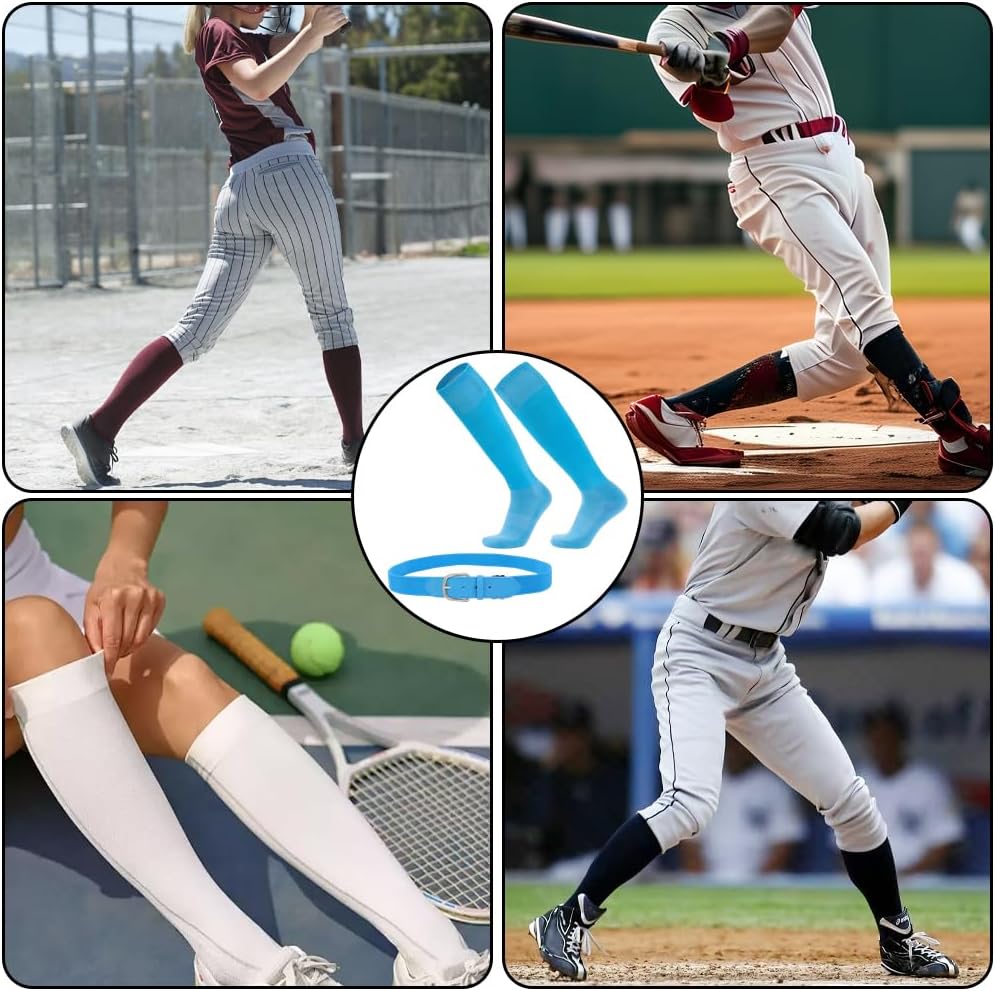 Baseball Belt and Socks Combo Set Solid Color Elastic Elite Team Sport Knee High Socks Polyester PU Leather Adjustable Softball Waist Belt Waistband with Clasp for Youth Adult(Light Blue)