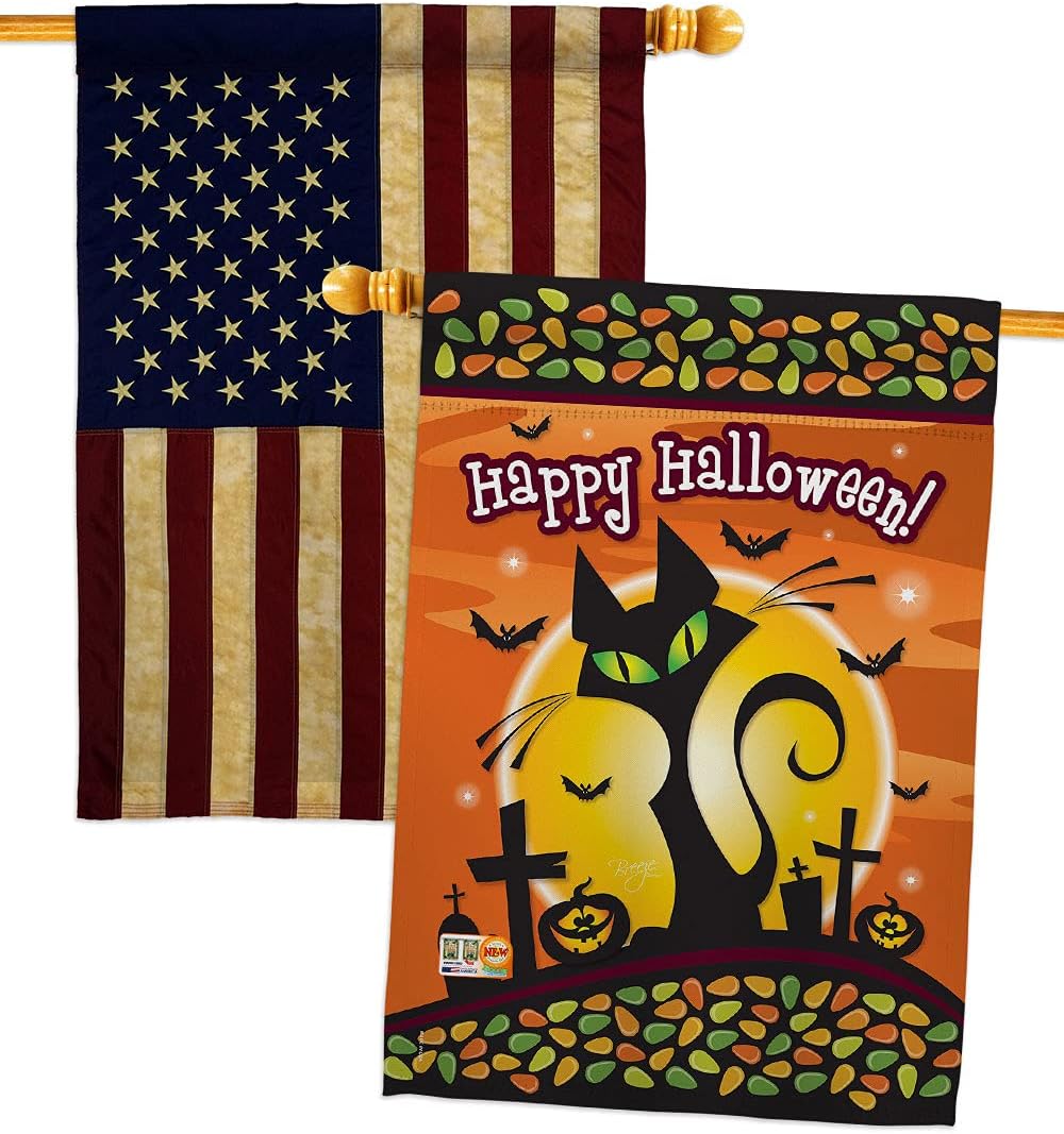 Halloween Black Cat House Flag - Pack Fall Witch Trick or Treat Spooky Night Season Autumntime Pumpkin USA Vintage Applique - Decoration Banner Small Garden Yard Gift Double-Sided Made In 28 X 40