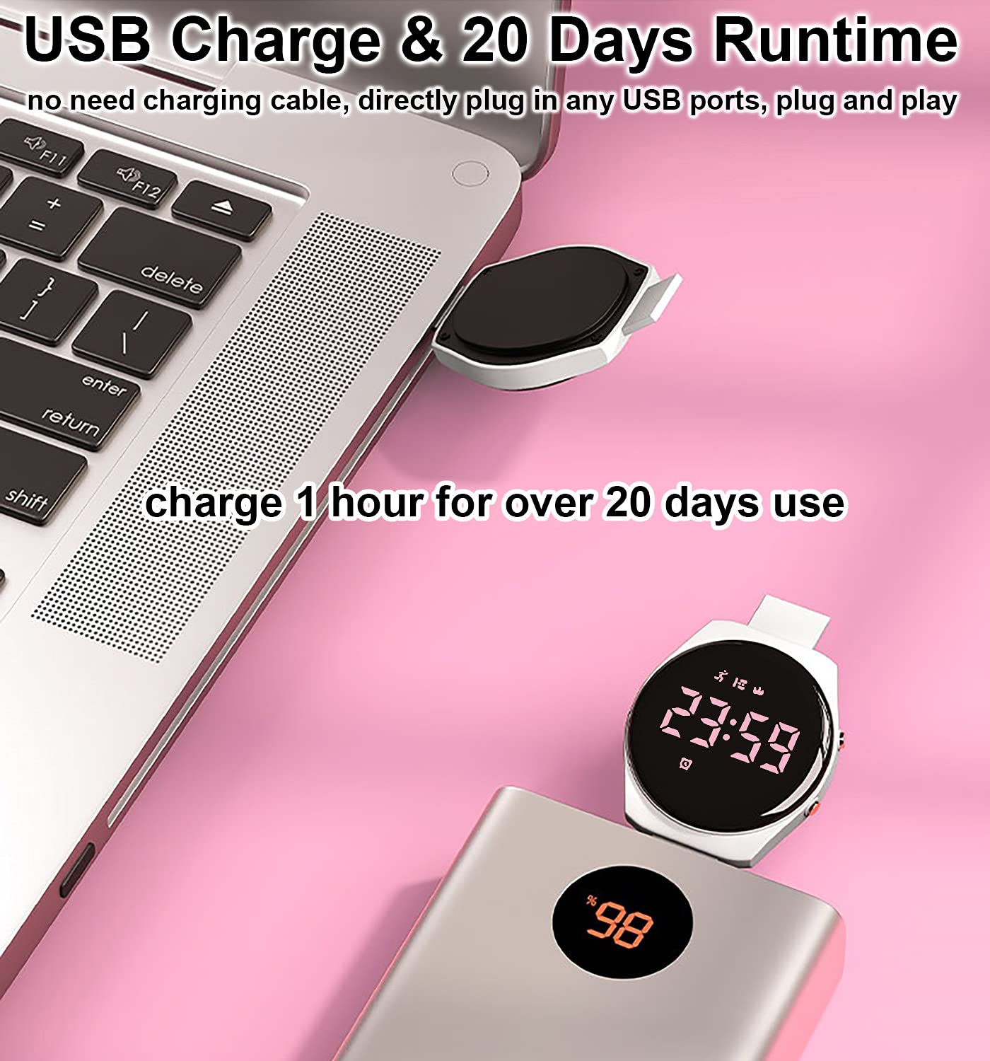 Reloj rastreador de fitness para niños, no necesita aplicación, 1 hora de carga para uso de 20 días, reloj impermeable IP68 para niñas y estudiantes, reloj deportivo con cronómetro, podómetro (blanco y rosa) 3