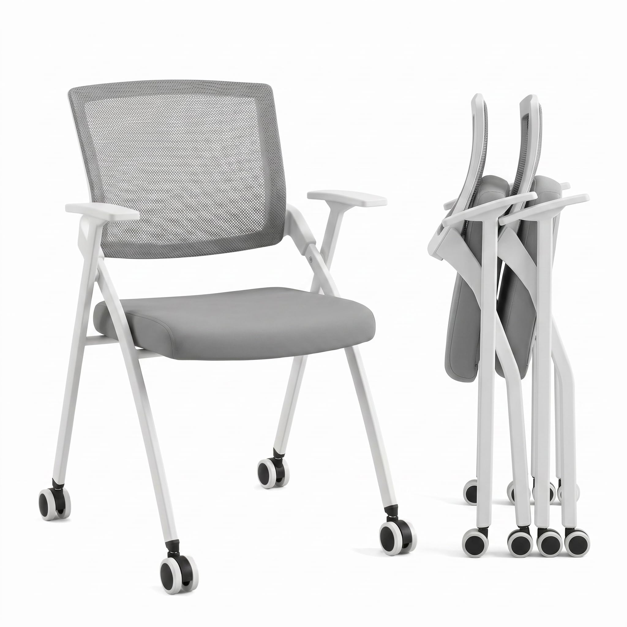 Folding Office Chair with Wheel,Conference Room Chairs with Smooth Armrest-Mesh Back,Rolling Stackable Foldable Desk Chair for Guest Reception Meeting Classroom Training Seminar,Gray∰with w