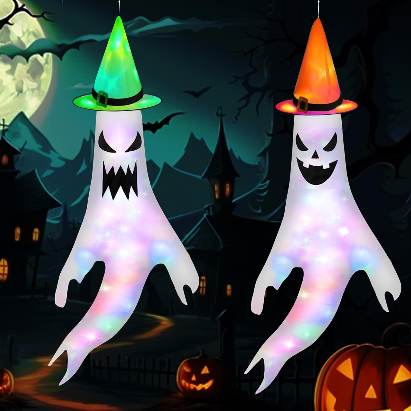 Ghost Windsocks - 2 szt. halloweenowe dekoracje ogrodowe ze światłem i kapeluszem czarownicy, wisząca flaga na podwórko do wewnątrz, patio, trawnik, nawiedzony dom, dekoracja na Halloween na zewnątrz