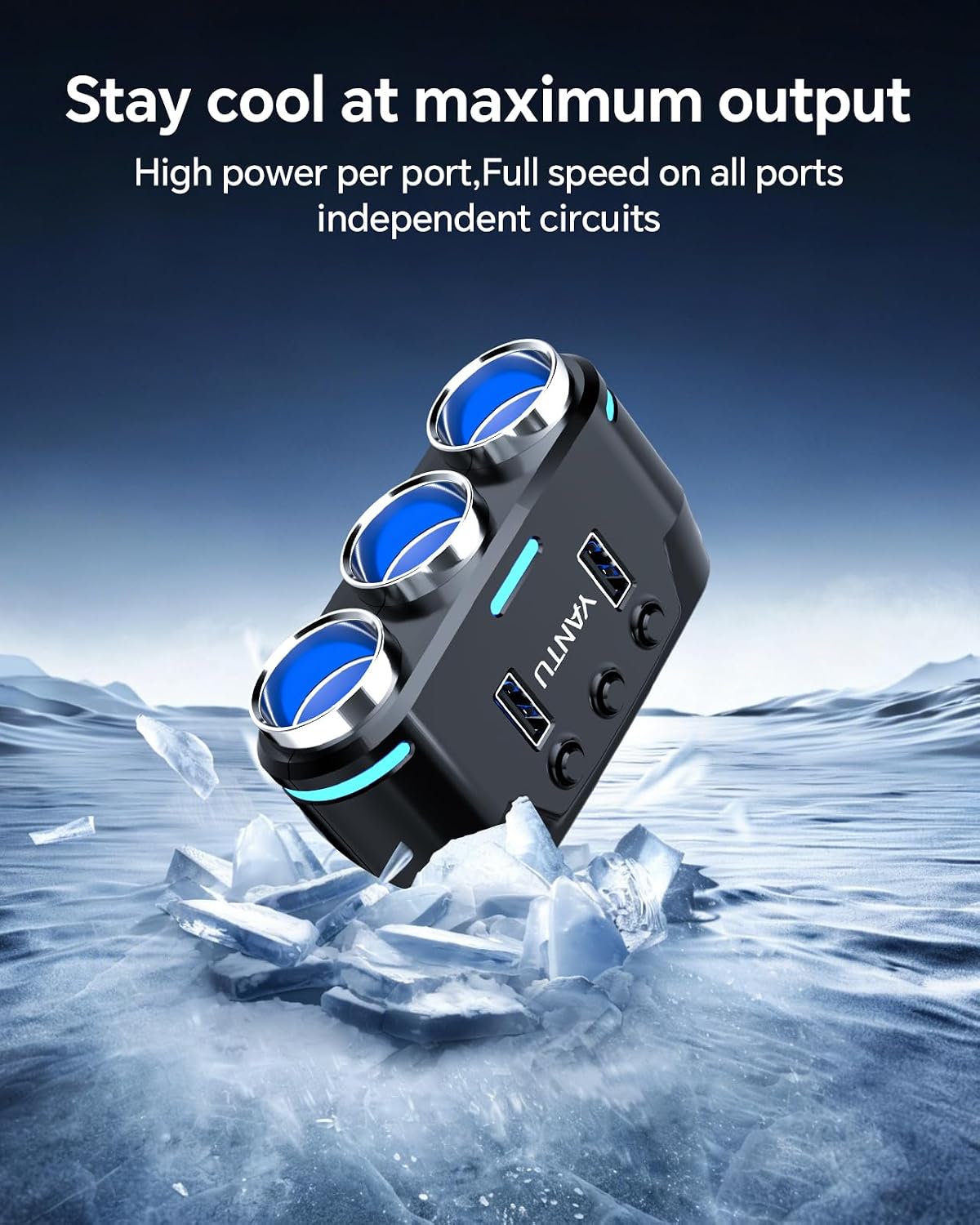 YANTU Cigarette Lighter Adapter & Splitter,150W 3-Sockets & LED Ambient Lighting, Dual USB Fast Charging Car Outlet 12V, Car Cigarette Lighter Socket Plug Extension for Vehicles