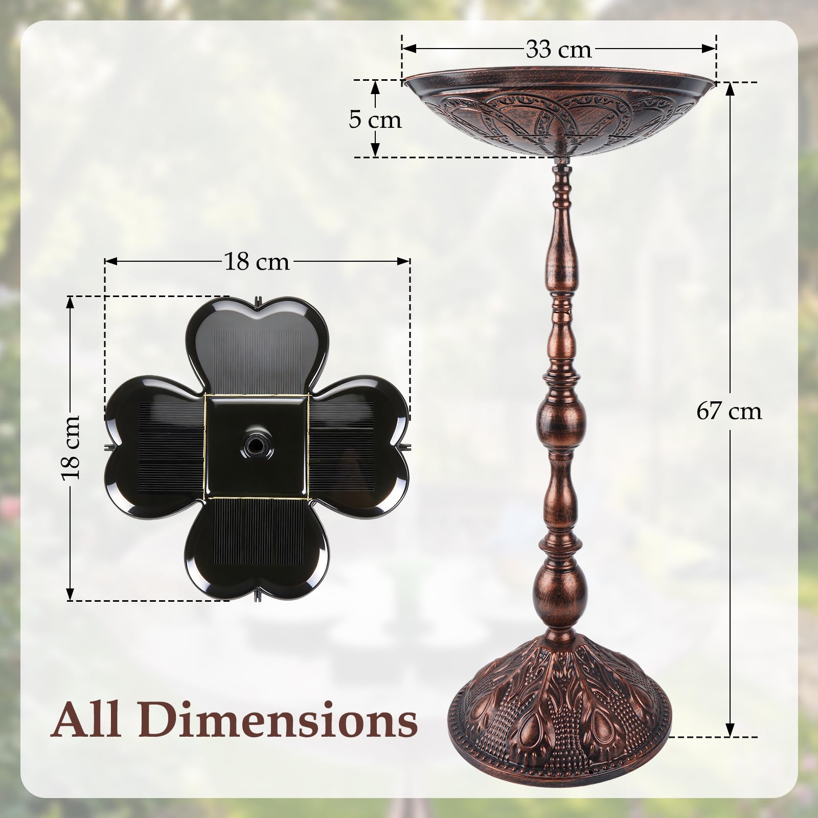 Vogelbad mit Solarbrunnen Outdoor Polyresin, 33 cm Schale 67 cm Höhe, Bronze Antik Kleeblatt Solarpanel, 7 Düsen 4 Stabilisierungsstangen, Garten Wildvögel Terrasse Rasen, sonnenbetrieben