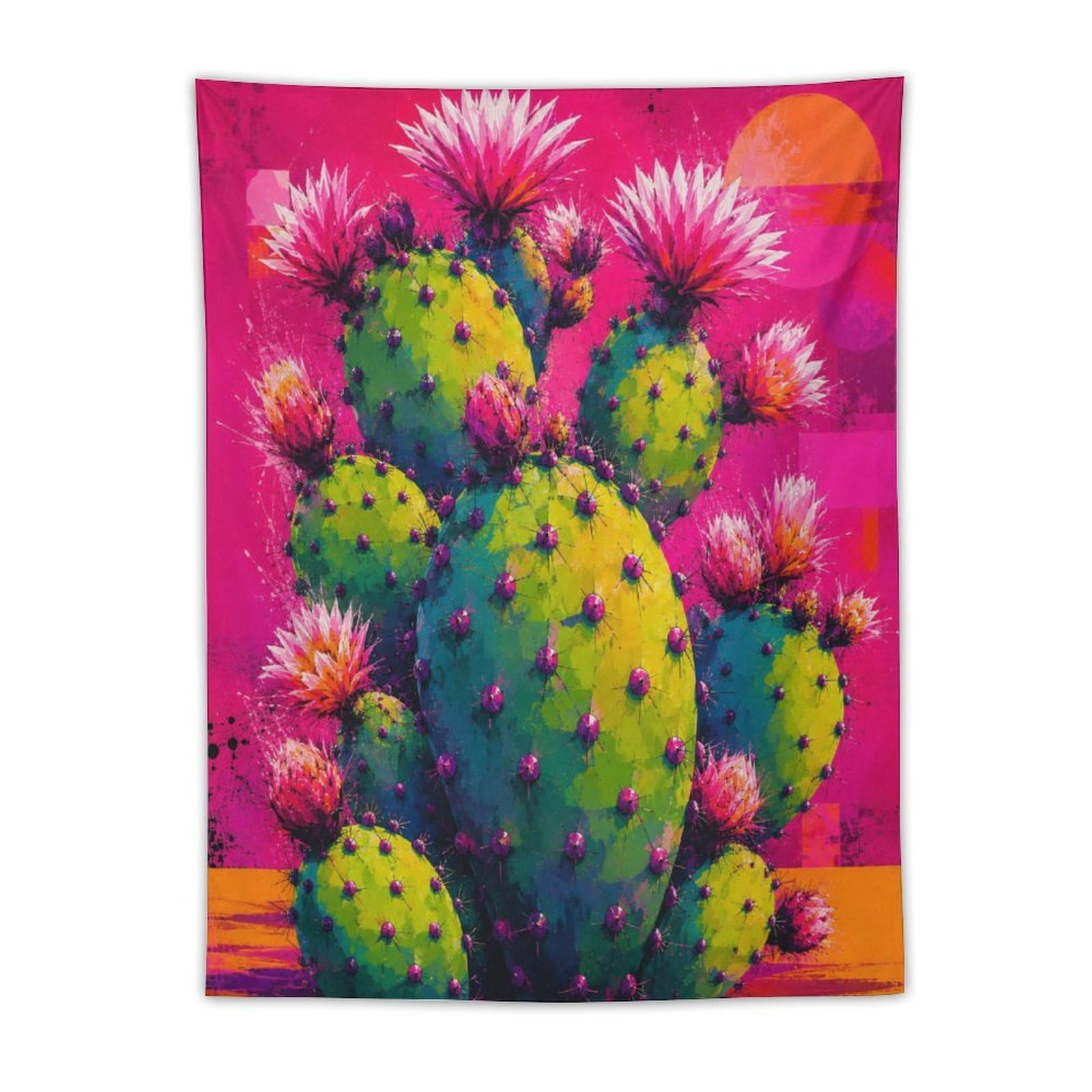 H3B8U2Y5 Pink Cactus Pop Art Wall Tapestry, Color Block Line Art Style, Bed