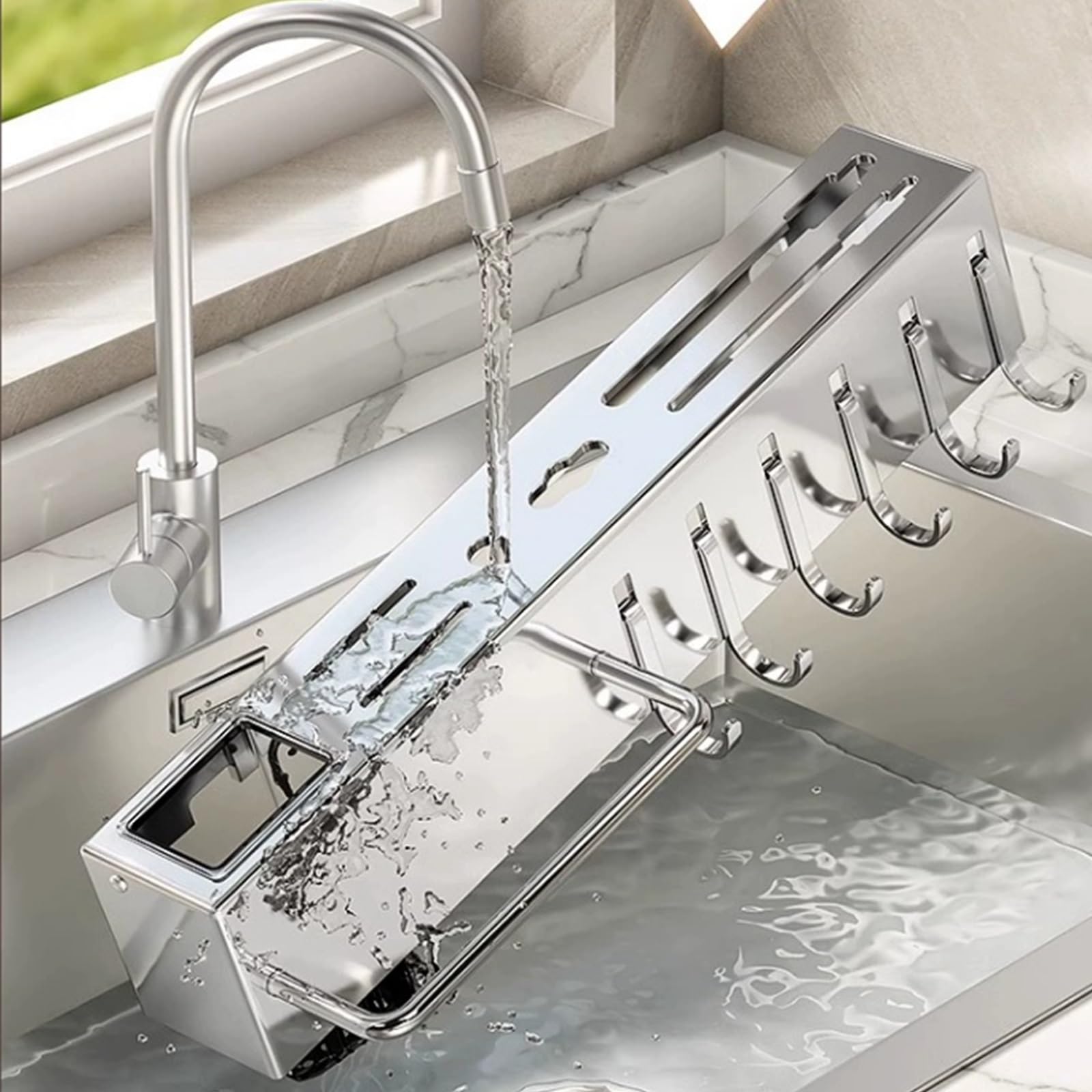 Barra de Cocina con Ganchos - Barra de Acero Inoxidable for Colgar en la Pared | Estante Colgante de Pared | Organizador de Utensilios de Cocina |(50cm 8 Hooks)