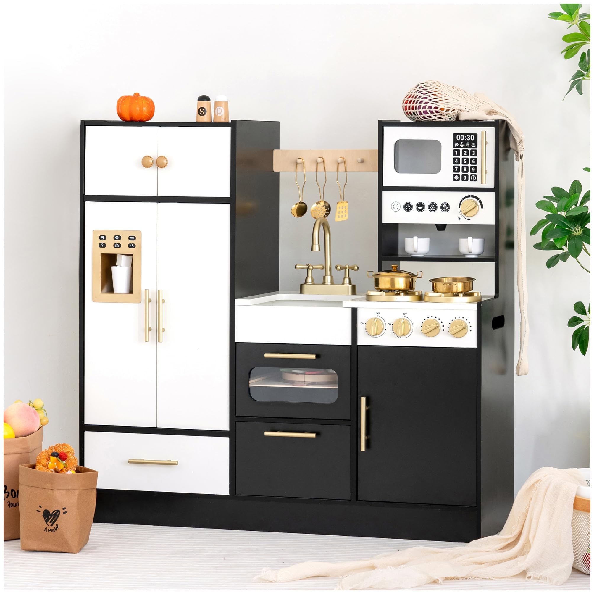 Black Wooden Play Kitchen with Tall Toy Fridge and Modern Home Style | A Microwave, Coffe…