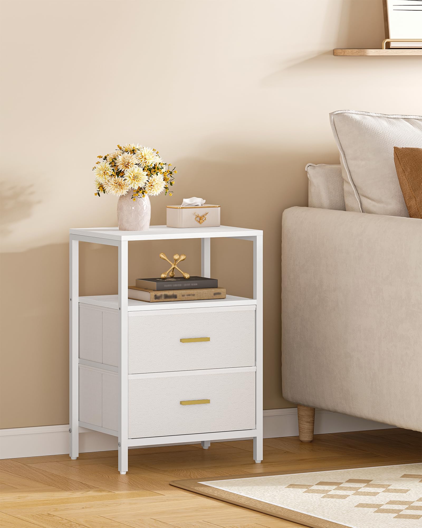 Hzuaneri Nachttisch 2er Set, Beistelltisch mit 2 Stoff-Schubladen und Regalen, Offenes Fach, Couchtisch, Nachtschrank Schlafzimmer, für Wohnzimmer, Schlafzimmer, Weiß NS30713W