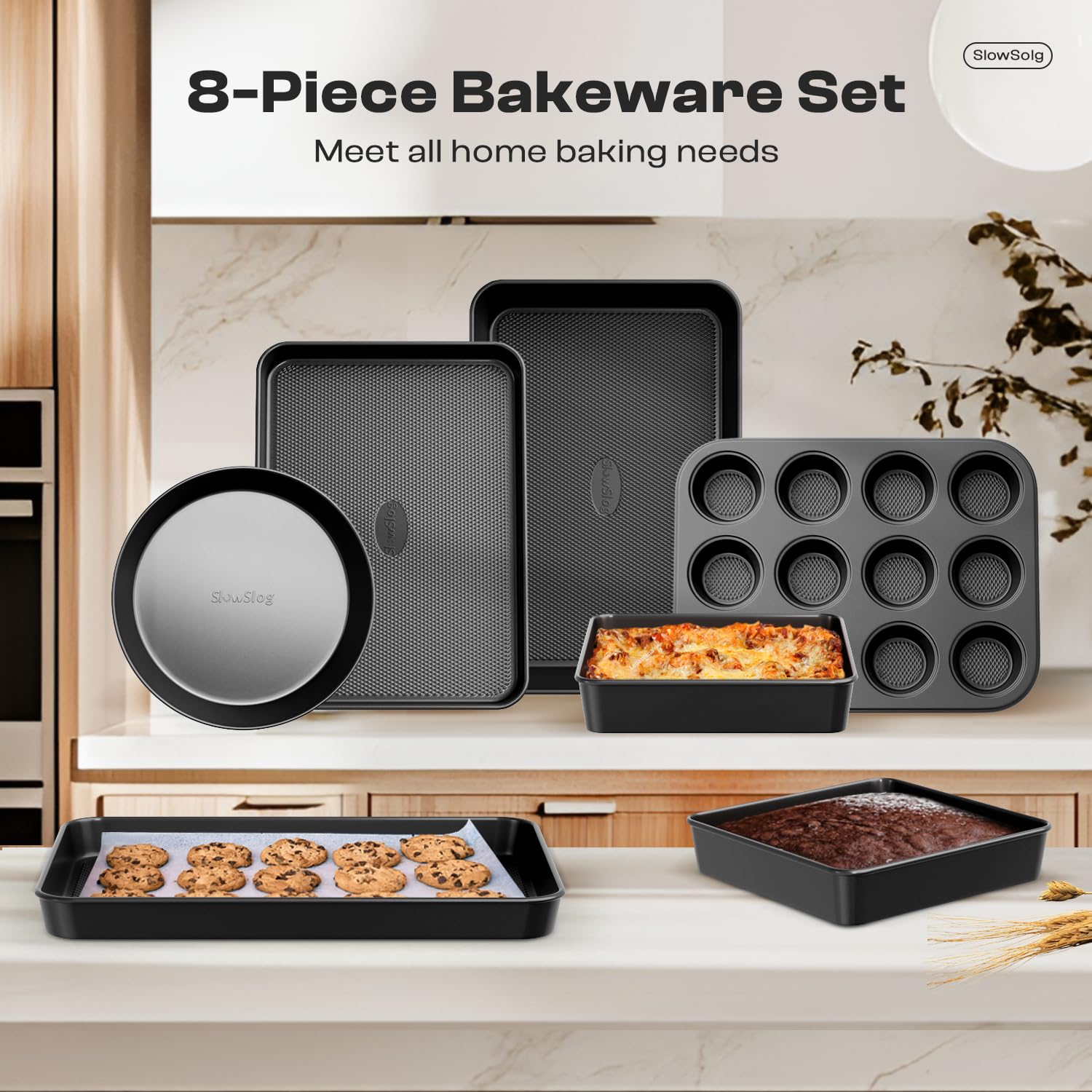 Antihaft-Backformen-Set, stapelbar, ungiftig, Schwarz, 12-teilig | Ofenfestes Backformen-Set mit Gestell und Küchenutensilien, Keksblech-Set, Kuchenform, Muffinform, Kastenform, Bräter