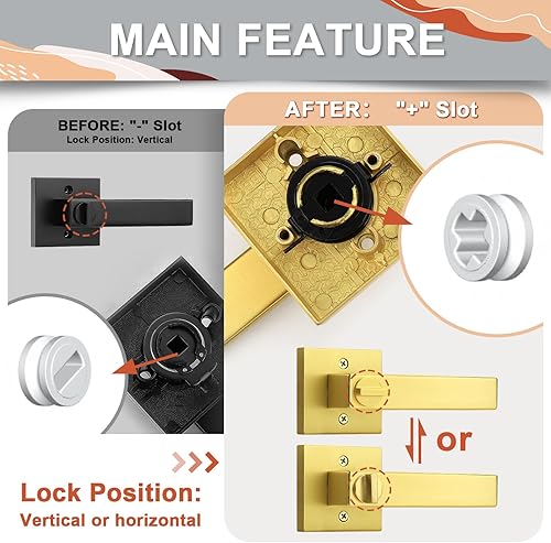 Miniatura 4 de Probrico Paquete de 2 palancas de privacidad doradas cuadradas para cerradura de puerta, sin llave, manijas interiores, manijas de puerta, pomos de