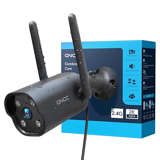 GNCC 2K Outdoor Security Camera, IP65 Weatherproof, Night Vision, Motion Sound Detection, Two-Way Audio, CCTV Camera for Home Compatible with Alexa & Google Home, 2.4GHz WiFi, 10ft Power Cable Black