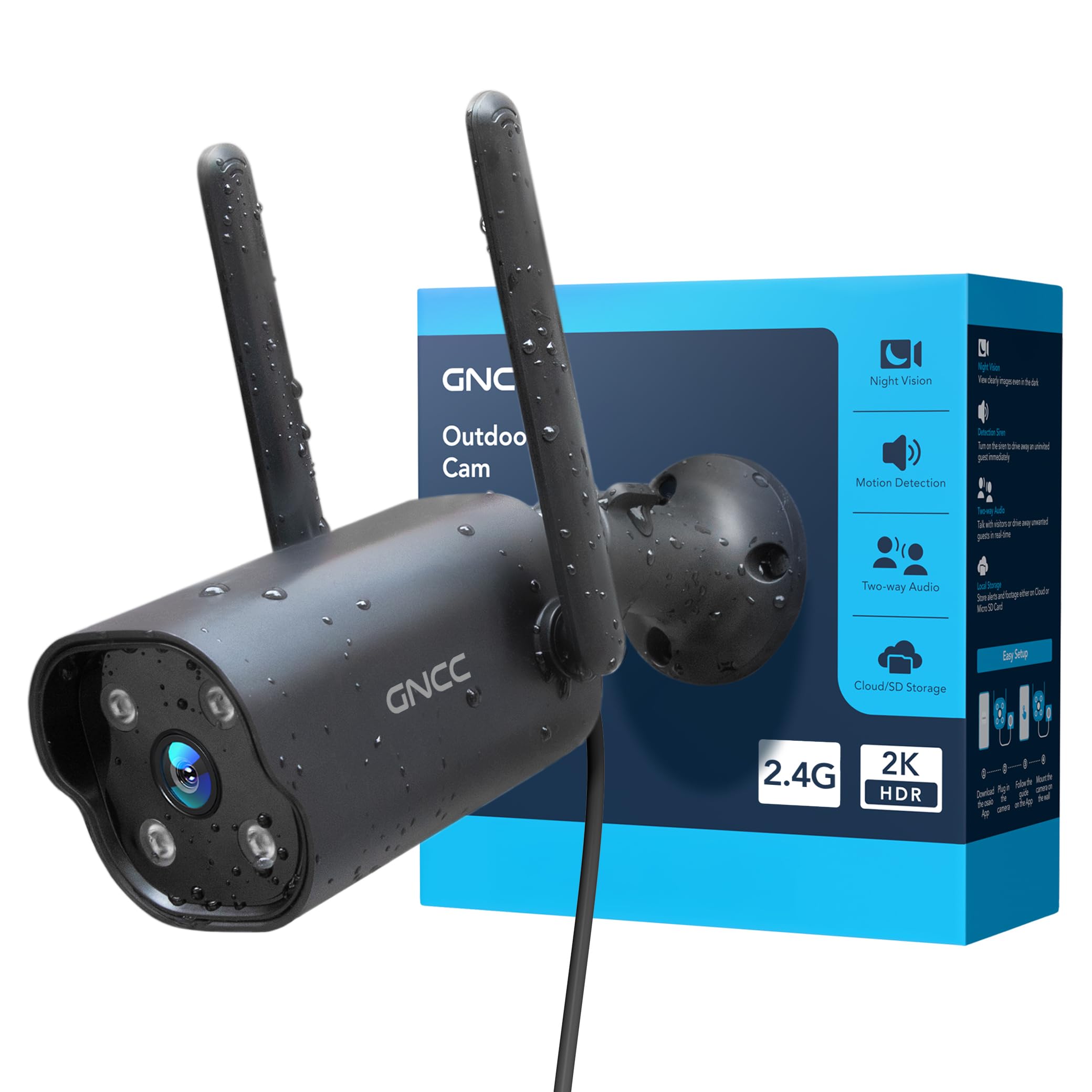 GNCC Telecamera Wi-Fi Esterno Fisso, 2K Videocamera Sorveglianza, Solo WiFi a 2,4 GHz, Impermeabile IP65, Archiviazione Cloud, Rilevamento Movimento, Sirena, Grandangolo 110°, Plug-in
