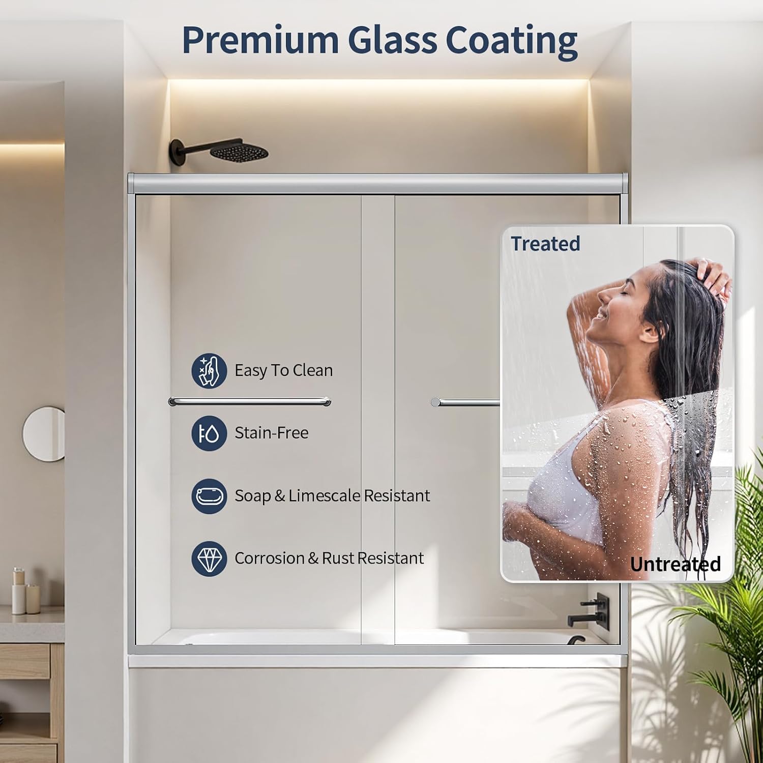 Diagram showing product dimensions A, B, C, D for the shower door