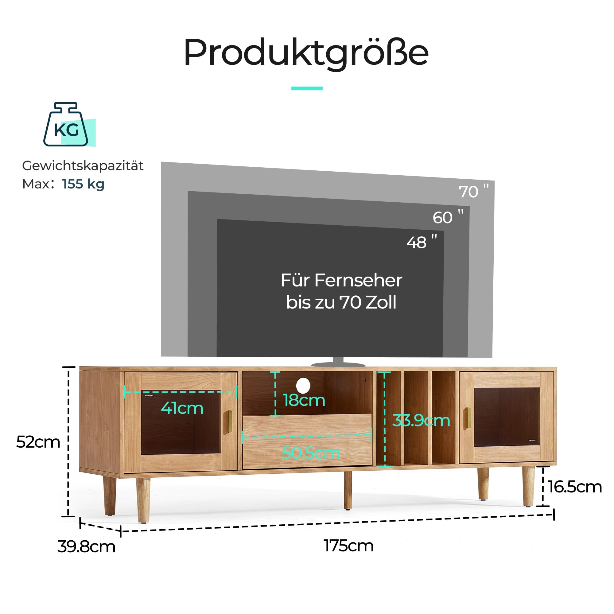 LINSY HOME TV Schrank, TV Lowboard mit 2 Türen und 1 Schubladen, Fernsehtisch mit Einlegeboden, Fernsehschrank für TVs bis 70 Zoll, 175 x 40 x 52 cm