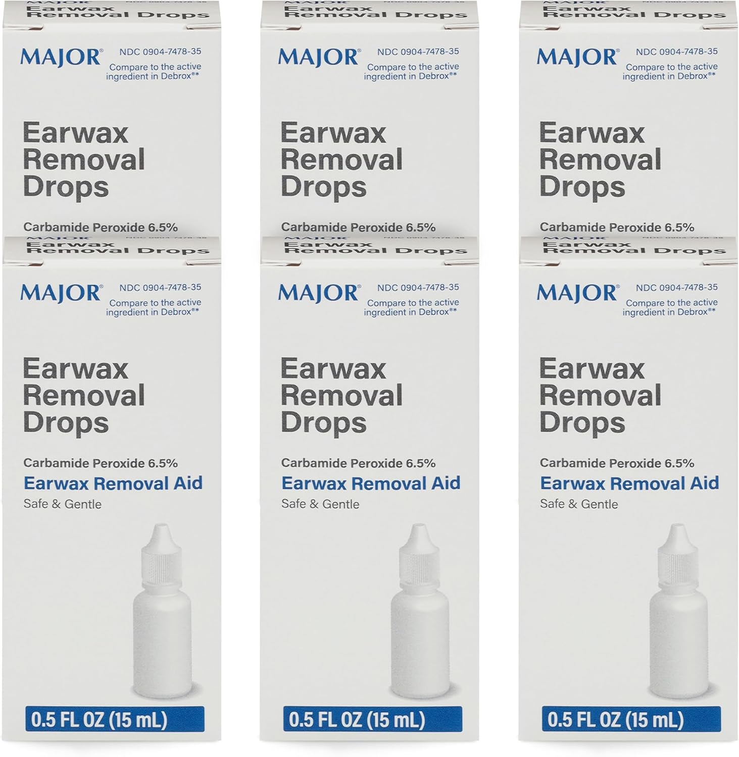 MAJOR Earwax Removal Drops with 6.5% Carbamide Peroxide - Gentle & Safe Earwax Removal Aid for Adults & Children 12+ - Ear Cleaning Solution, 0.5 Fl. Oz. (15mL)(Pack of 6)