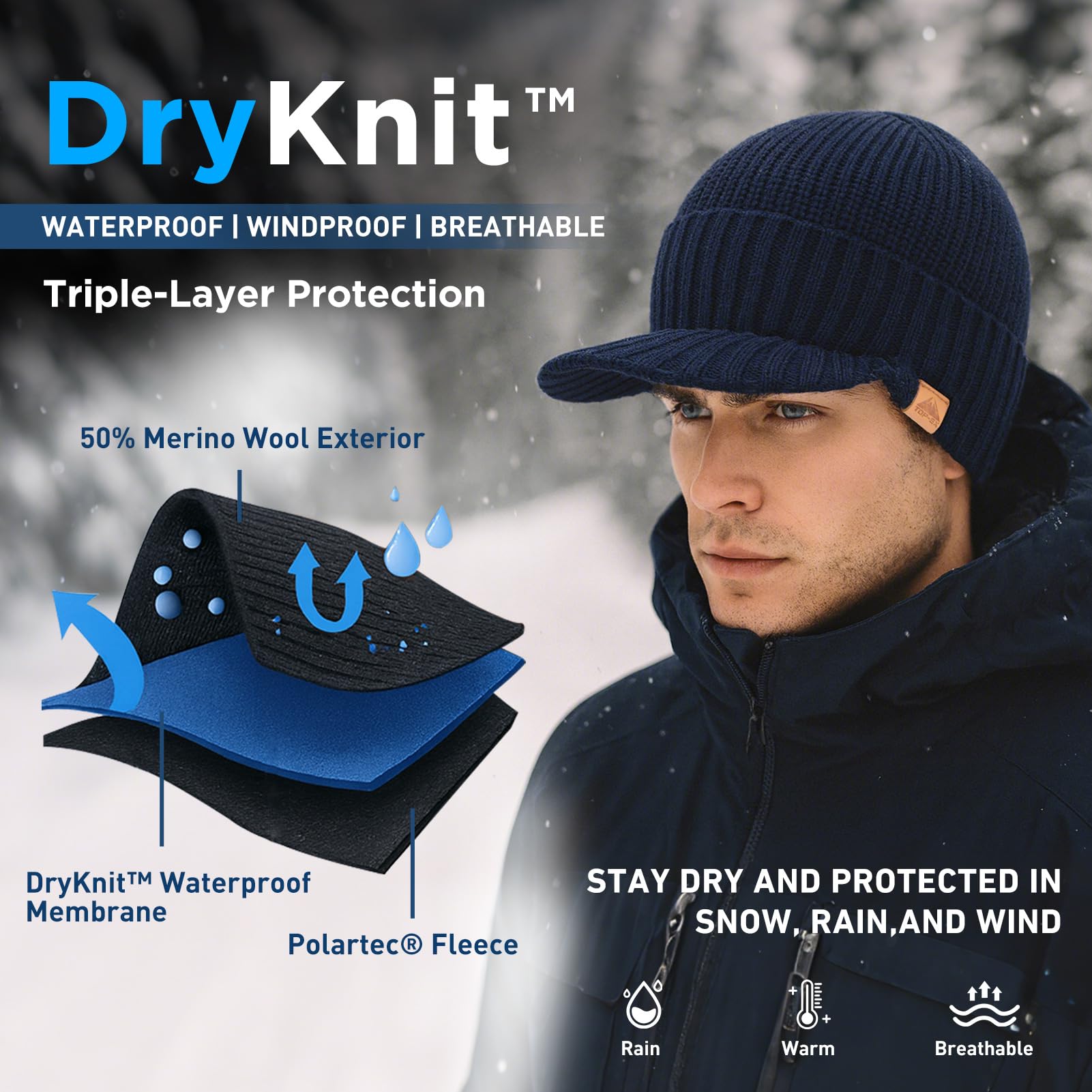 TOP-EX Gorro de lana merino impermeable XL/XXL Dryknit para hombres y mujeres, cálido gorro de invierno con forro polar