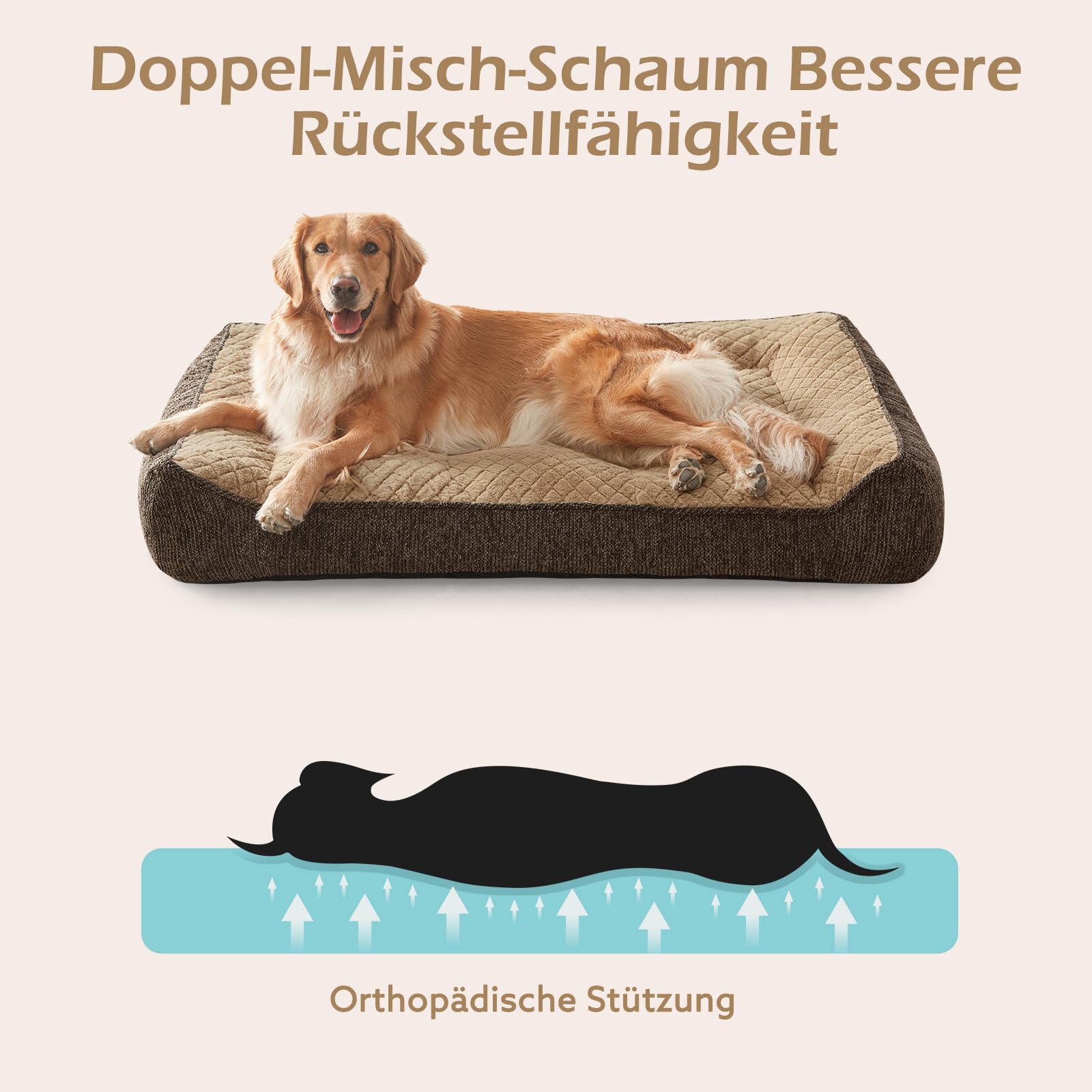 JOEJOY Cuccia ortopedica per cani di grandi dimensioni, lavabile, antiscivolo, grande in morbida pelliccia di coniglio, 107 x 76 x 24 cm, marrone