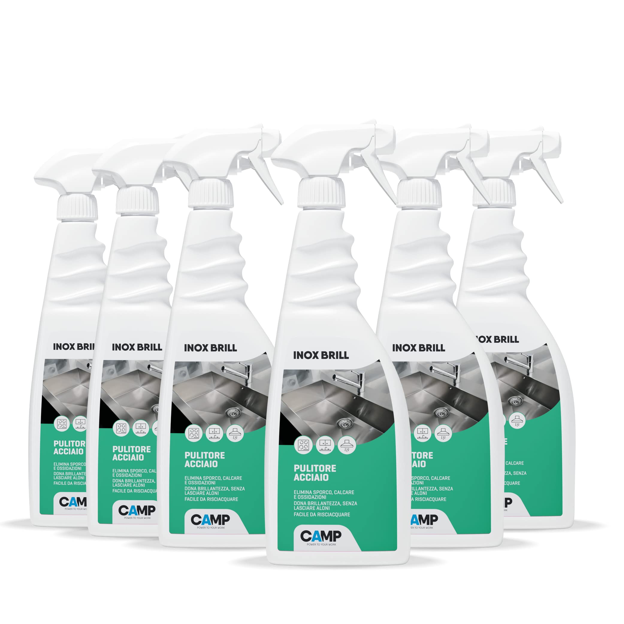 CAMP INOX BRILL, Pulitore lucidante e protettivo per superfici in acciaio lucido e satinato, Anticalcare, Gradevolmente profumato, pack 6x750ml