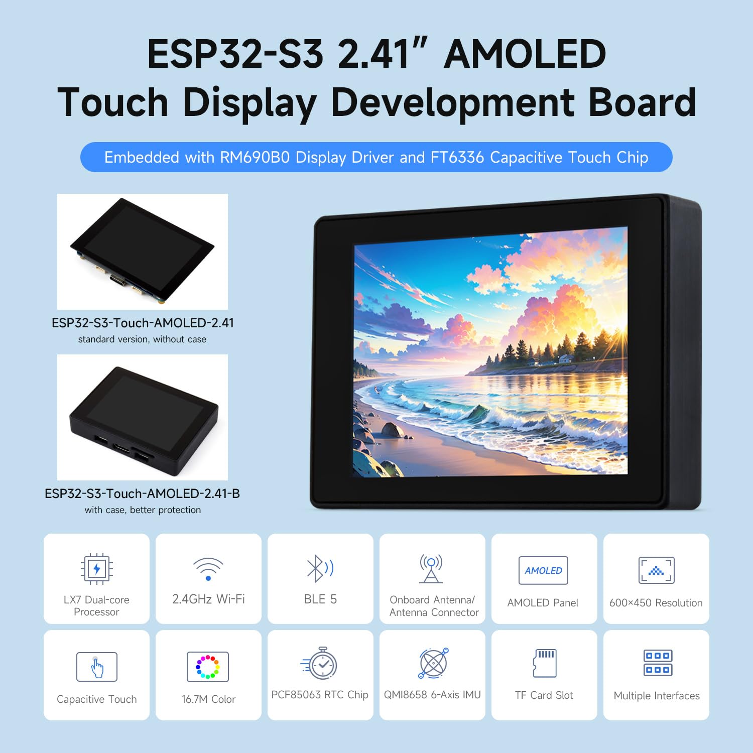 Waveshare ESP32-S3 2.41inch AMOLED Touch Display Development Board, 600x450, 32-Bit LX7 Dual-Core Processor, Onboard Accelerometer and Gyroscope Sensor, ESP32 with Display with Case