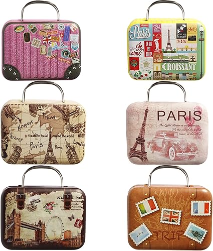 6 cajas de lata con tapas, pequeñas cajas de dulces, recuerdos de fiesta, cajas de maleta con asa para decoraciones de boda temáticas de viaje