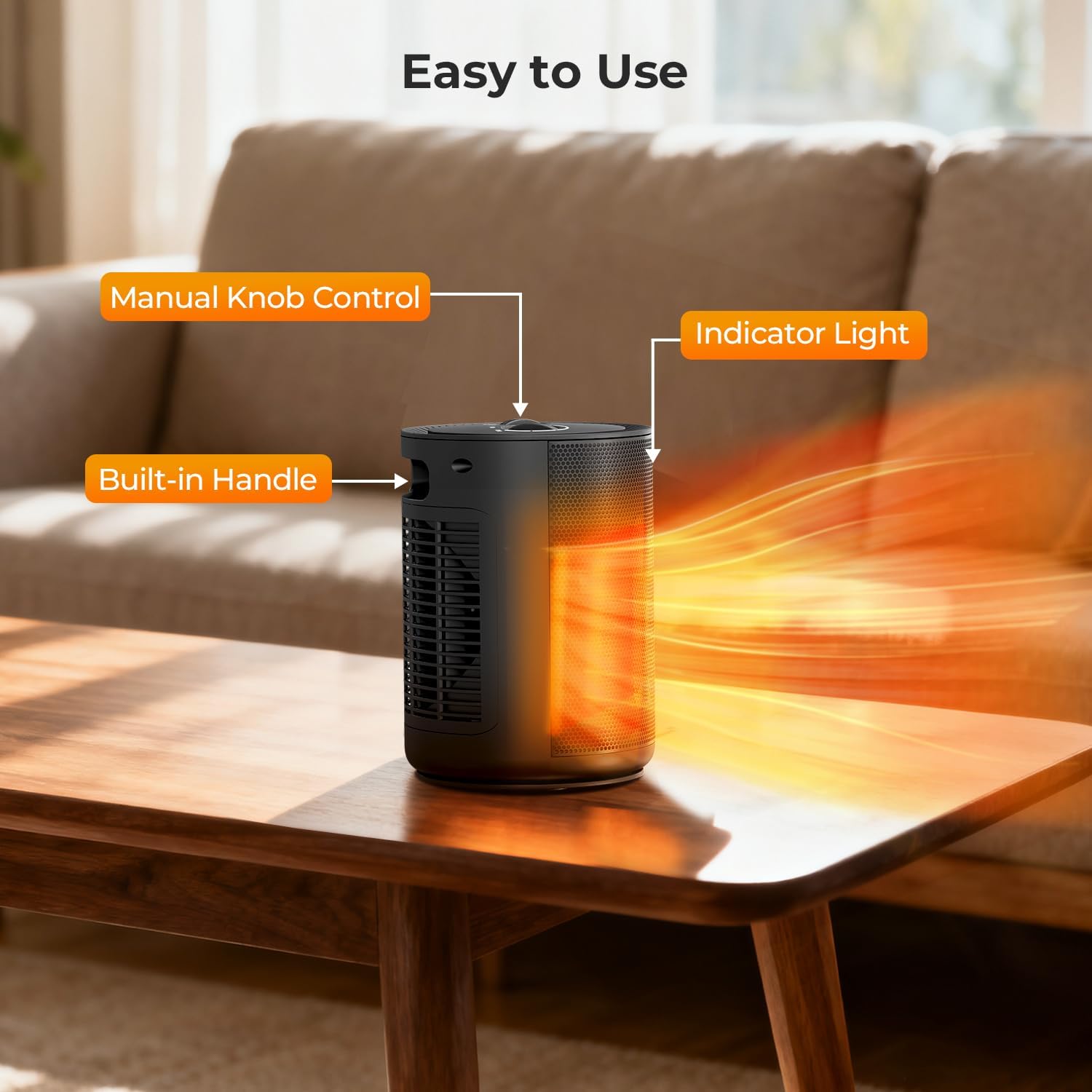 Топ view of the R.W.FLAME Space Heater showing manual knob controls and indicator light.