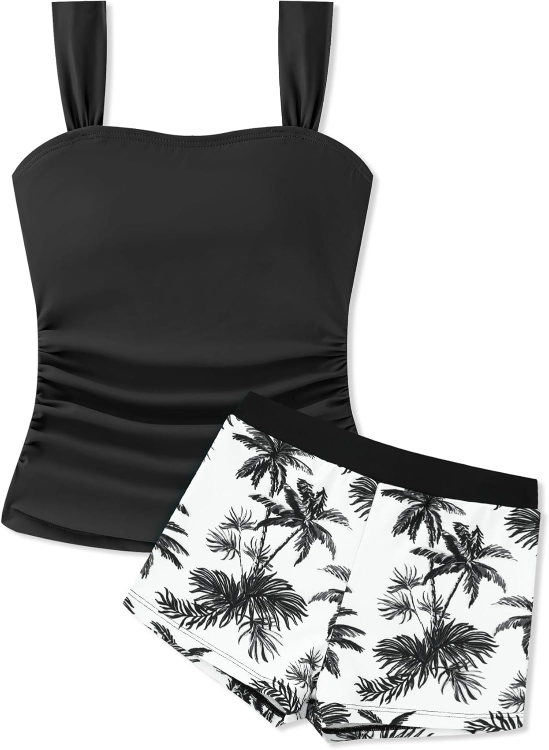 Gaupafmb Girls Tankini Swimsuit Solid Ruched Side Square Neck Top with Tropical Printed Shorts 2 Piece Girls Bathing Suits