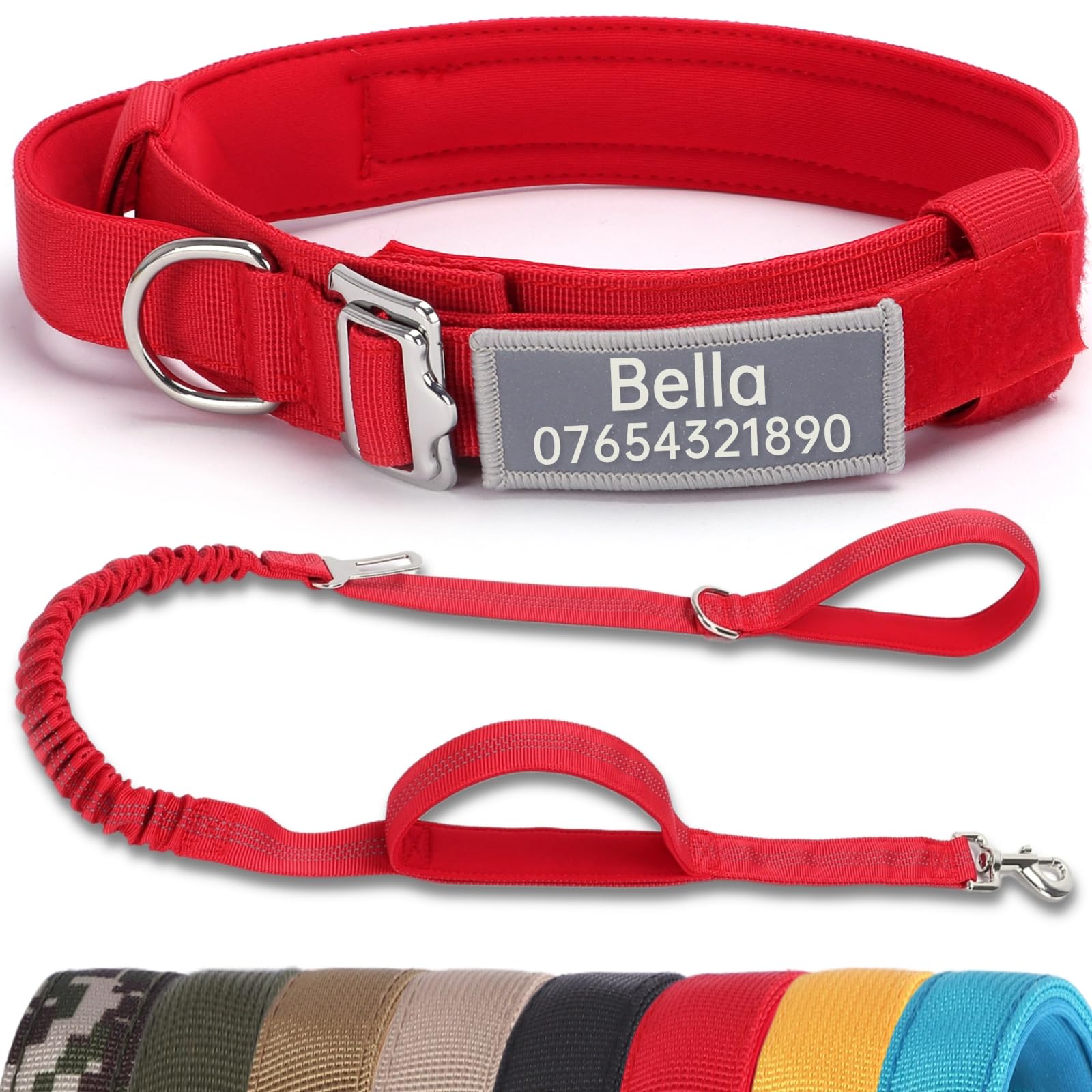 SEOUGEE Tactical Dog Collar Personalised with Handle and Leash Set, Soft Padded Dog Collars with Custom Reflective Name Patch, Pet Collars with Portable Buckle for Medium Large Dogs (Red Set, M) — image 1