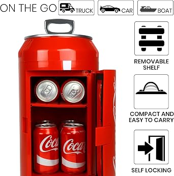 Koolatron Coca-Cola Portable 8 Can Thermoelectric Mini Fridge 5.4 L/ 5.7 Quarts Capacity, 12V DC/110V AC Cooler for home, cabin, beer, beverages, snacks, skincare, cosmetics, medication, Red CC06