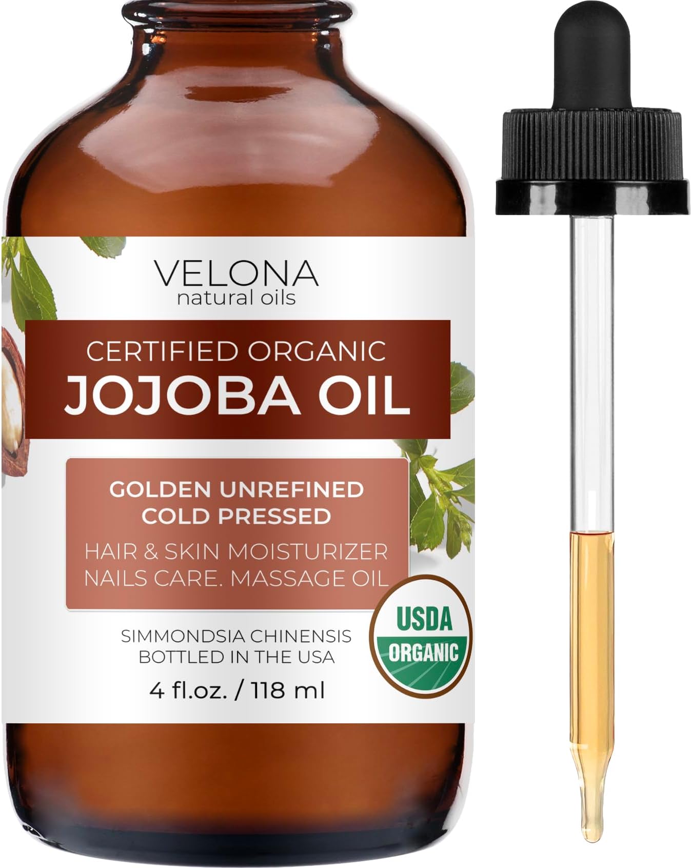 velona Jojoba Oil USDA Certified Organic - 4 fl oz (With Dropper) | Golden, Unrefined, Cold Pressed | Hexane Free
