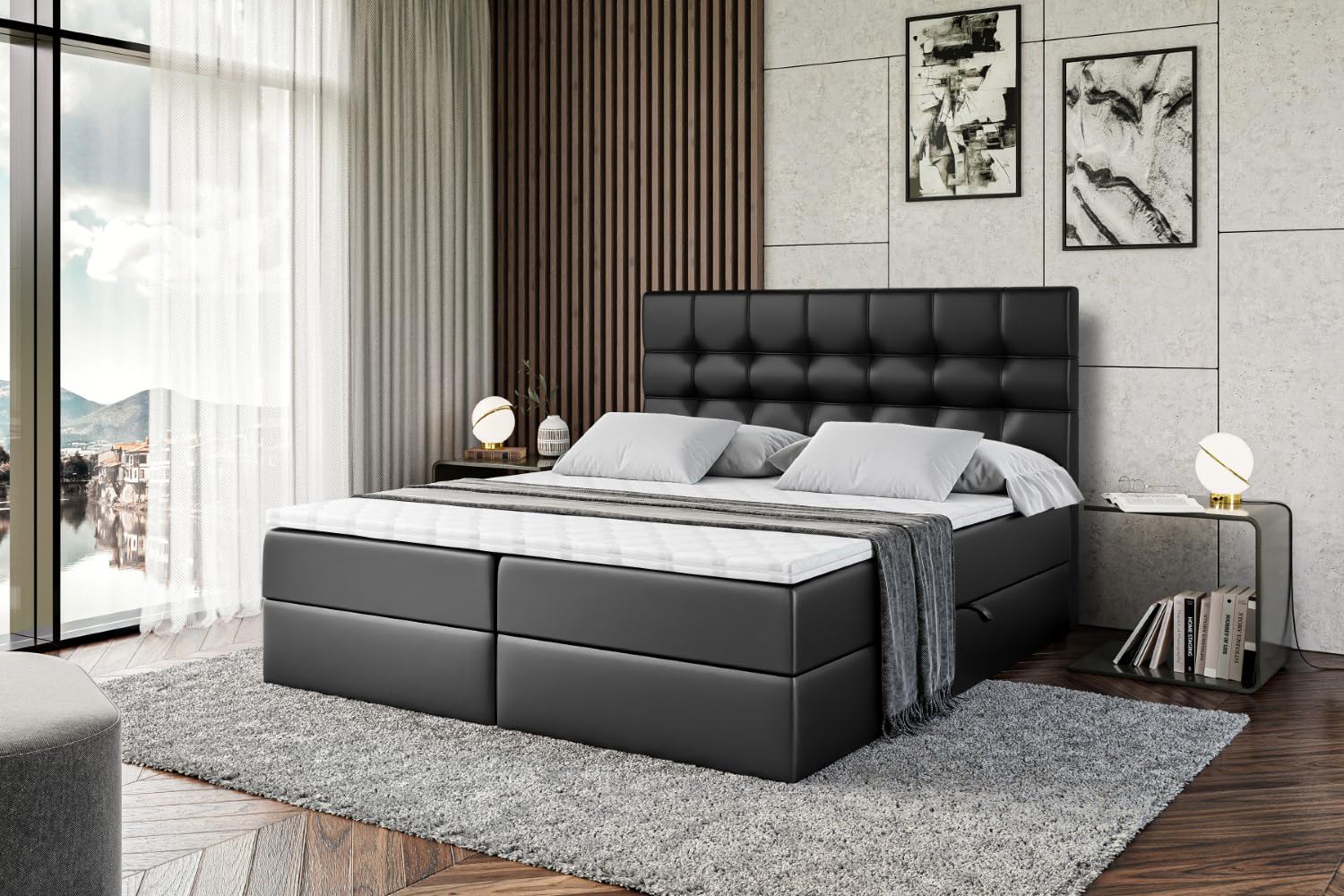 ALTDECOR Boxspringbett mit H4-Matratze BERO - 180x200 - Schwarz | Lattenrost, Topper, Boxspringbett mit Bettkasten, Bett mit Stauraum, Doppelbett, Polsterbett