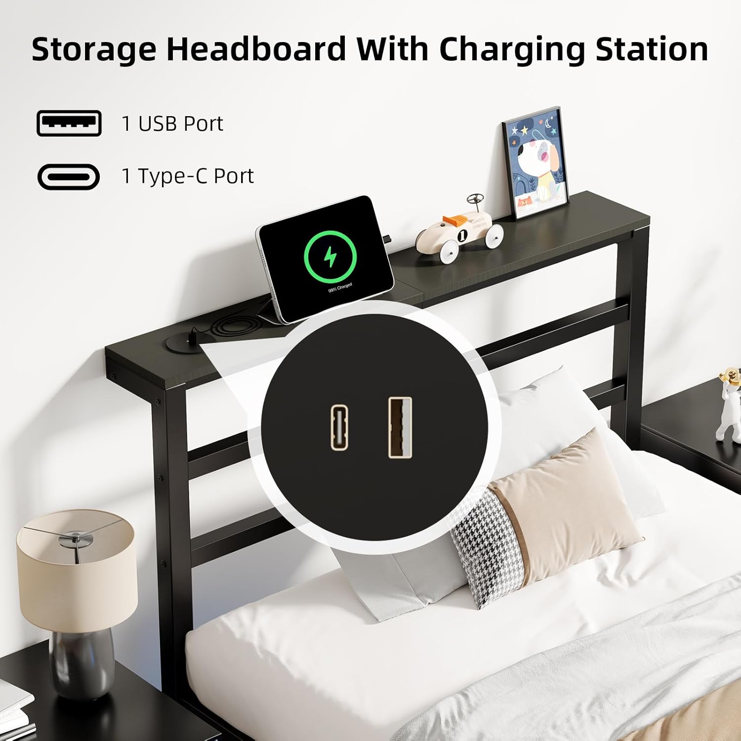 Twin Bed Frames for Kids, Metal Platform Bed Frame Twin Size with Charging Station and LED Lights, Headboard Storage Shelf, Heavy Duty Metal Slats, No Box Spring Needed, Easy Assembly, Black - Image 5