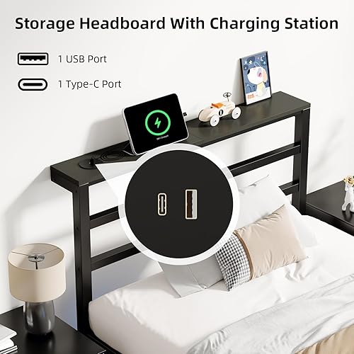 Miniatura 5 de Marco de cama individual para niños, marco de cama de plataforma de metal tamaño individual con estación de carga y luces LED, estante de