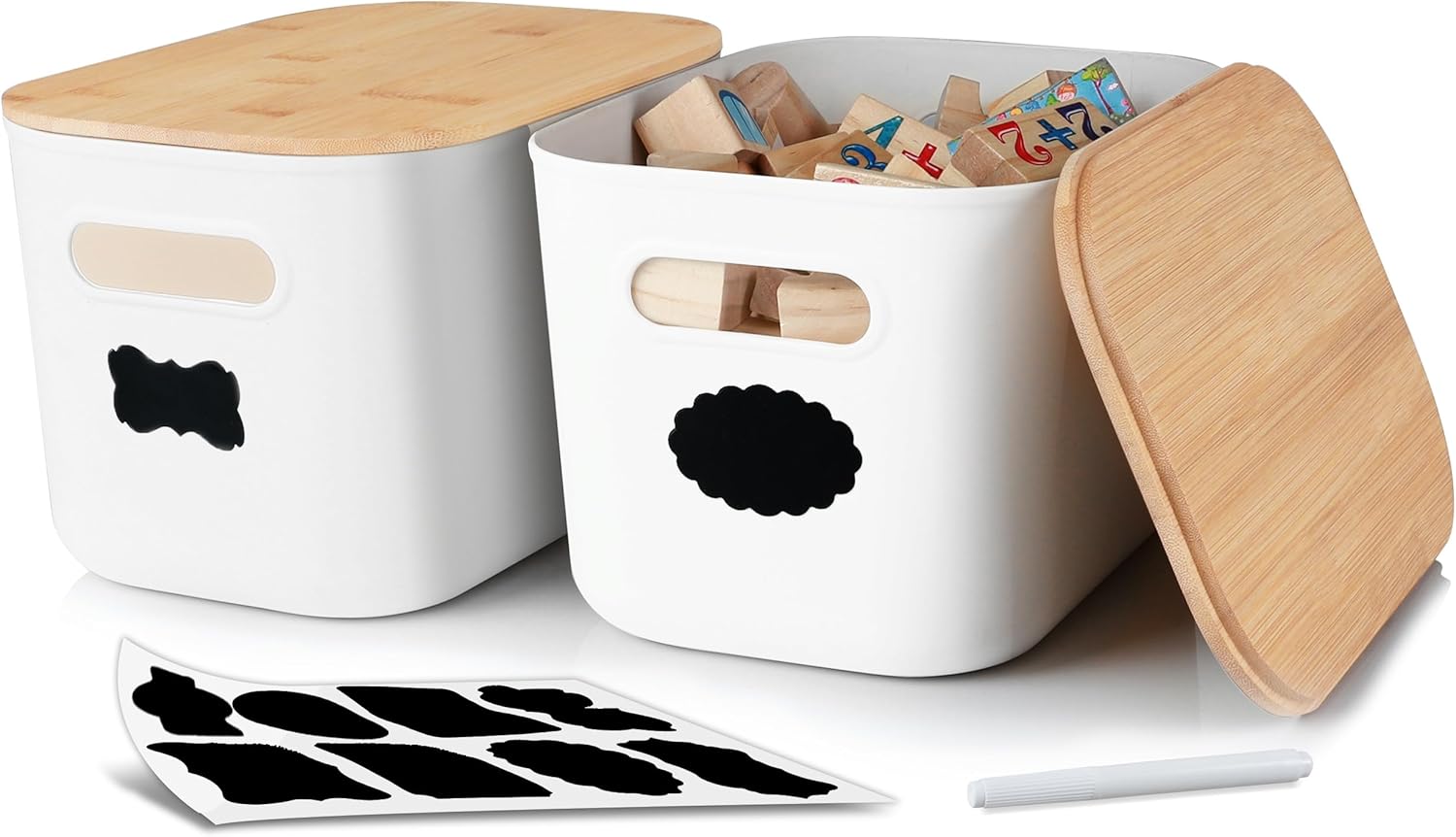 Citylife 2 PCS Storage Bins with Bamboo Lids Plastic Storage Containers for Organizing Stackable Storage Box with Handle, 10.12 x 6.97 x 6.22 inch White 2 PCS- Medium