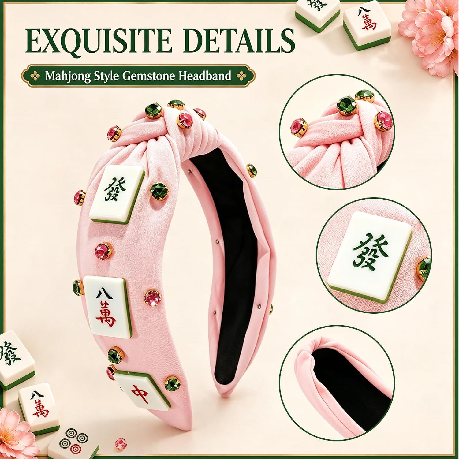 Mahjong Knotted Headband & Hair Ties Set - Sparkling Mahjong & Rhinestone Decorations, Non-Slip Comfort Fit, Funny Perfect for Parties/Travel/Daily Use - Gift for Mahjong Lovers