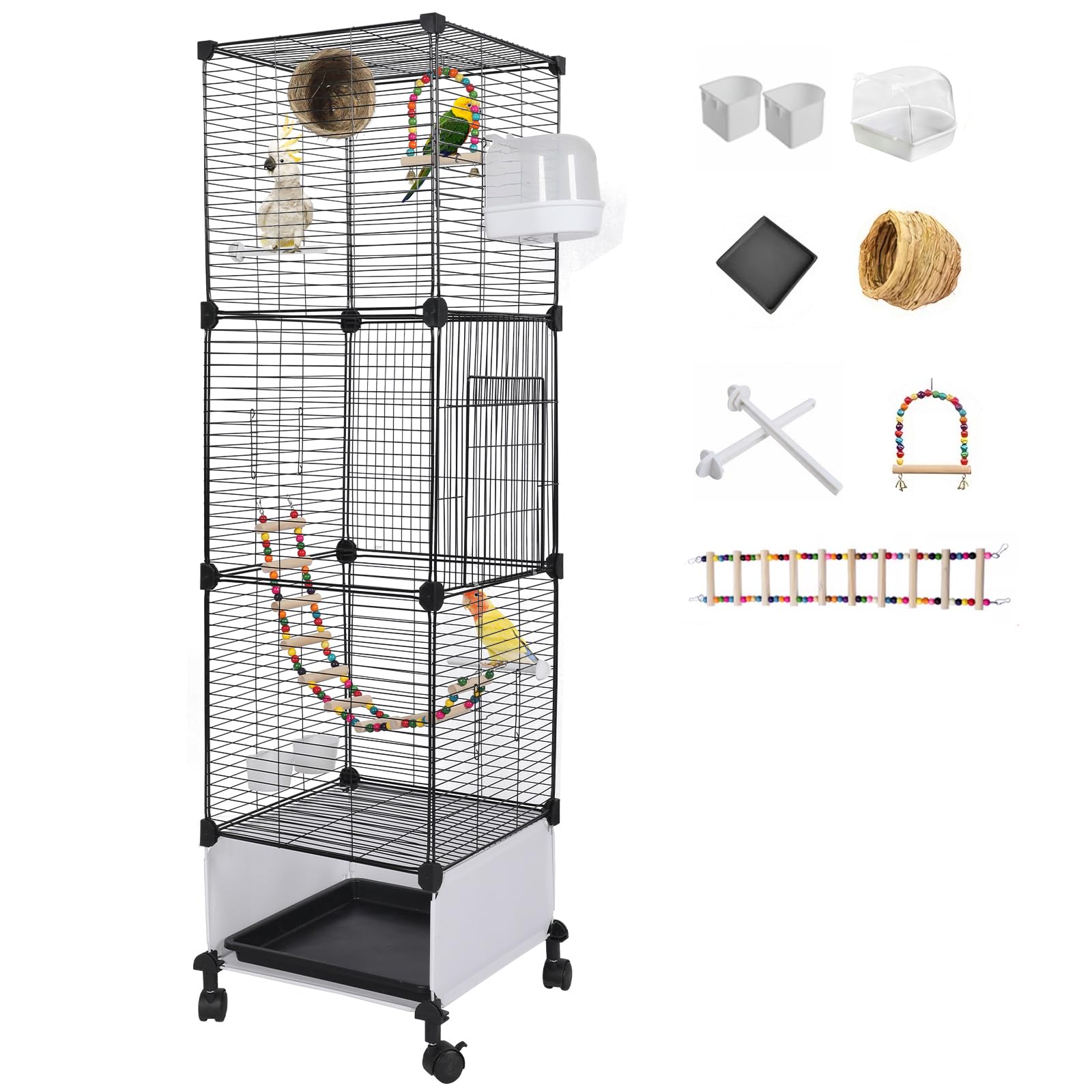 MSFE Jaula de Aves Grande, 130x37x37cm Jaula para Loros con ruedas, Jaula para Pájaros Voladera Interior con columpio, percha, para periquito, calopsitte, conure, pinzón, canario